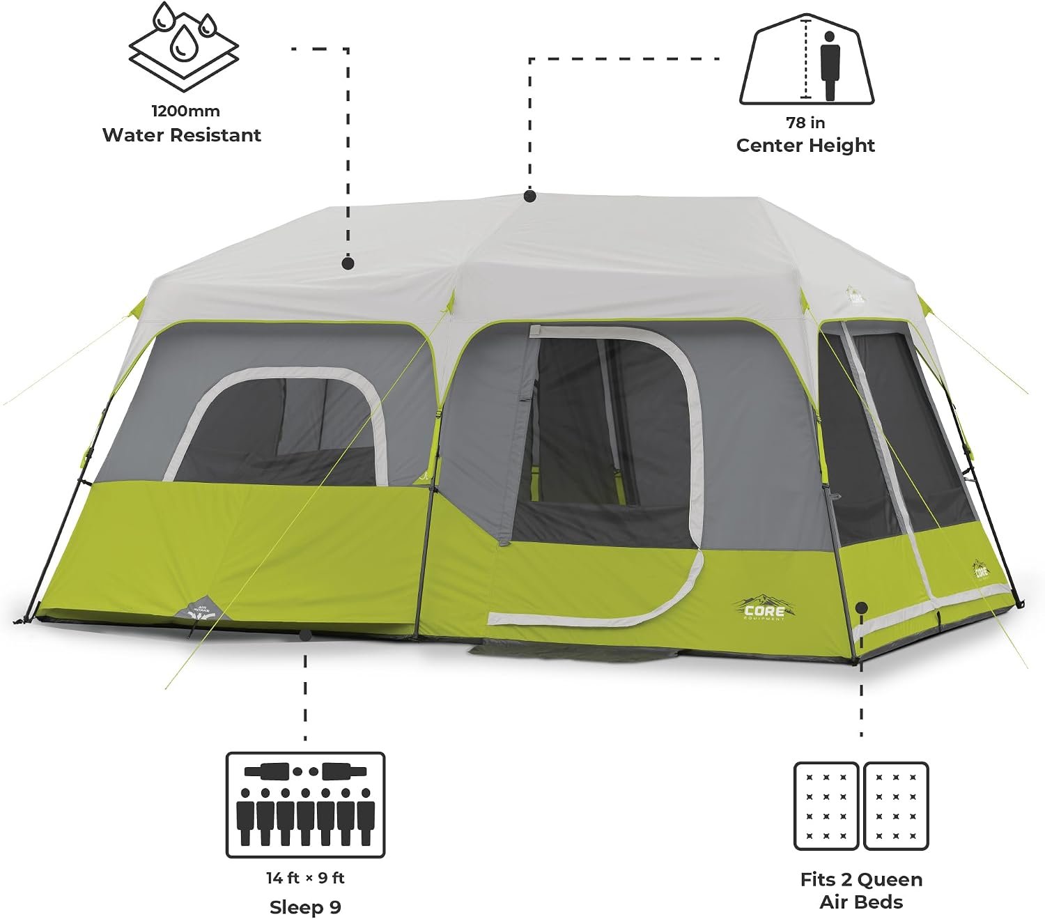 Core 9 Person Instant Cabin Tent - 14' x 9', Green (40008) - Image 4