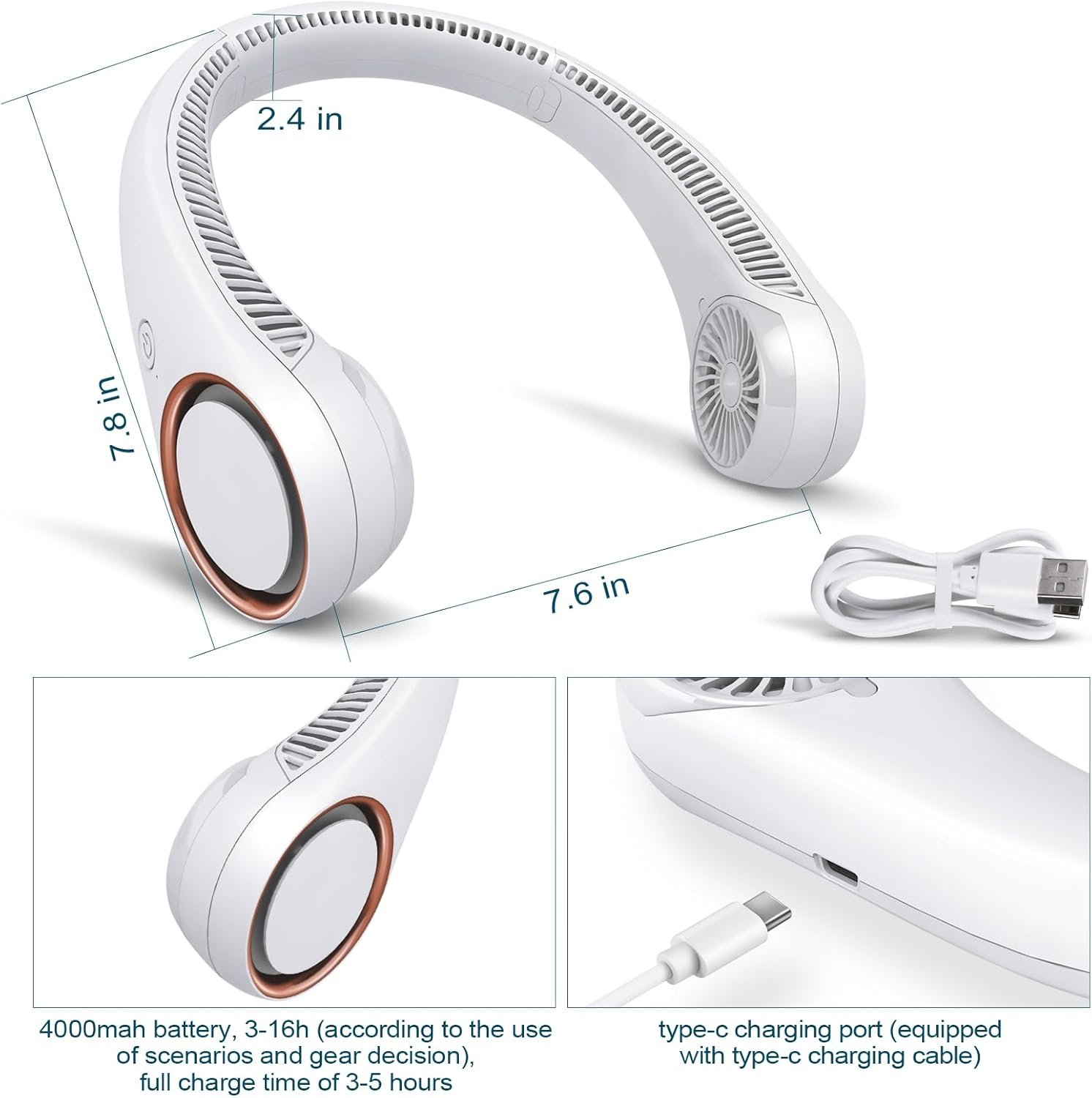 CIVPOWER Neck Fan: Portable Personal Neck Cooling Rechargeable Bladeless Fan - Hands Free 3 Speed 4000 mAh Battery USB Operated Wearable Headphone Design - Gift for Men Women Outdoor (White) - Image 8
