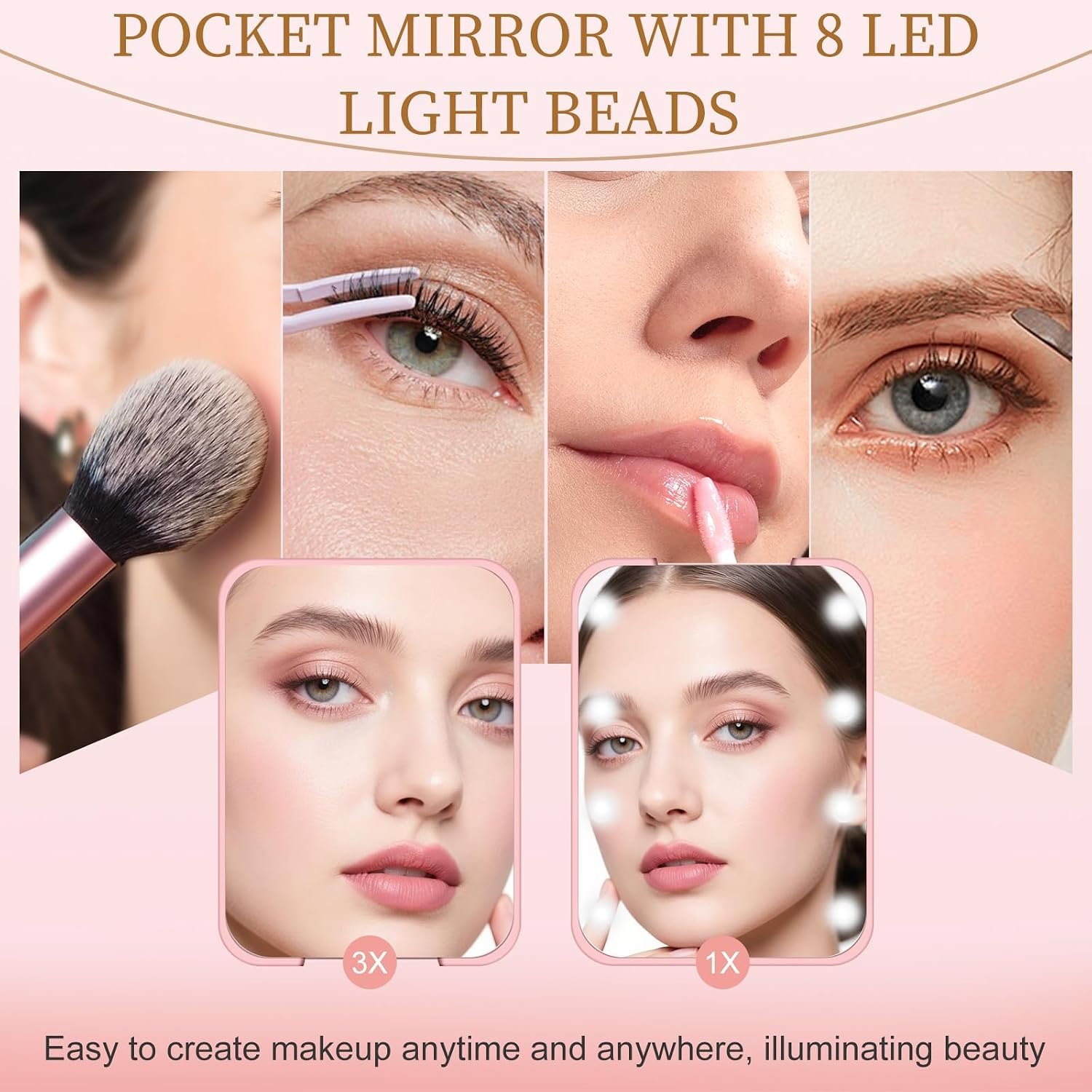 Compact Mirror with Light, 1X/3X Magnification LED Pocket Mirror for Women | Portable, Travel, Purse, Pocket, Gift, Pink, mini, small, essentials, led, fiberglass, batteries, rectangular - Image 2