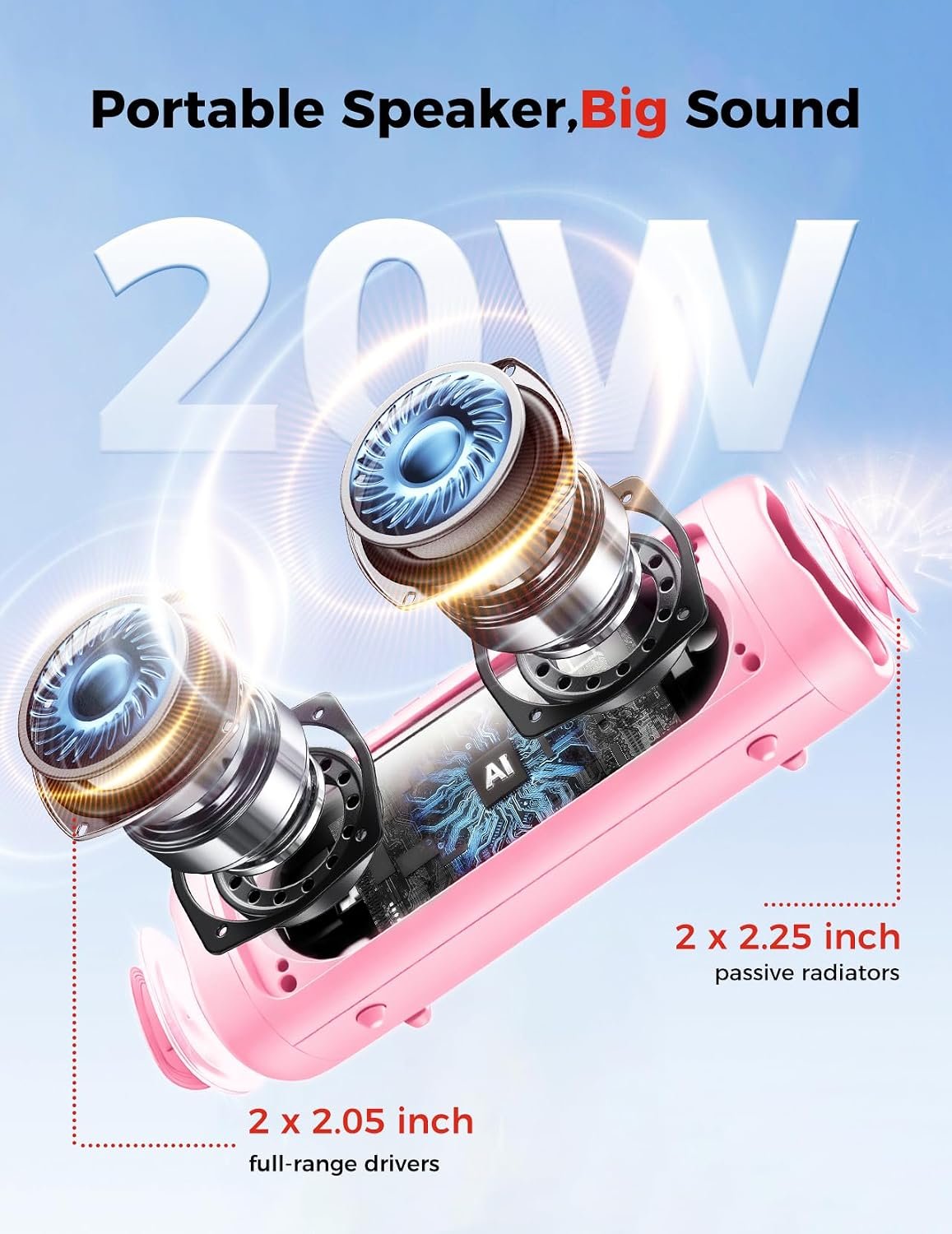 Bluetooth Speaker, 20W HD Sound, Portable Wireless, IPX5 Waterproof, Up to 24H Playtime, TWS Pairing, for Home/Party/Outdoor/Camping/Beach Essentials, Electronic Gadgets, Birthday Gift (Pink) - Image 2