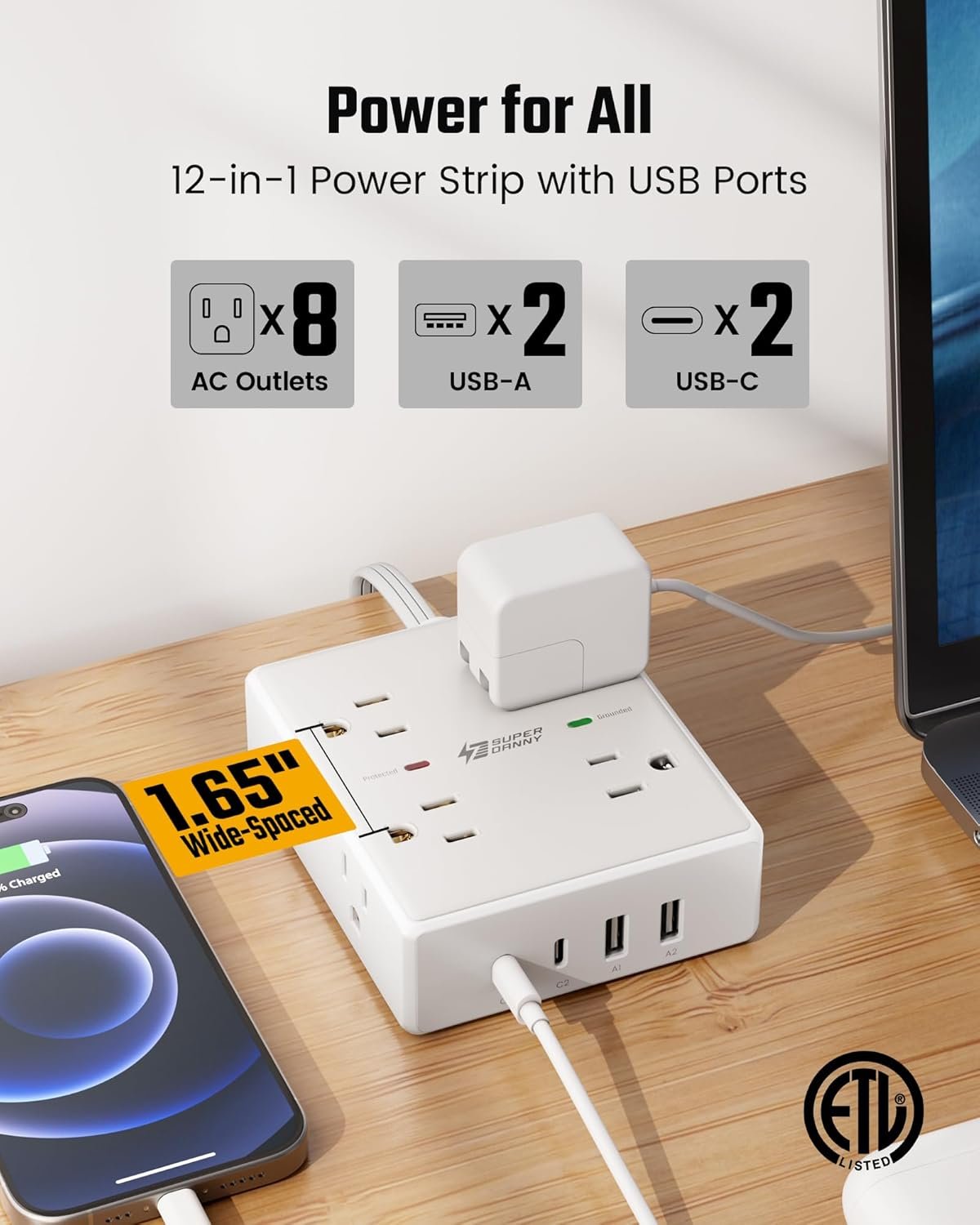 SUPERDANNY Extension Cord,Flat Plug Surge Protector Power Strip,10Ft | 8 AC & 4 USB Ports (2 USB C),Surge Protector with 1050J,Desk Charging Station for Home Office,College Dorm Room Essentials - Image 3