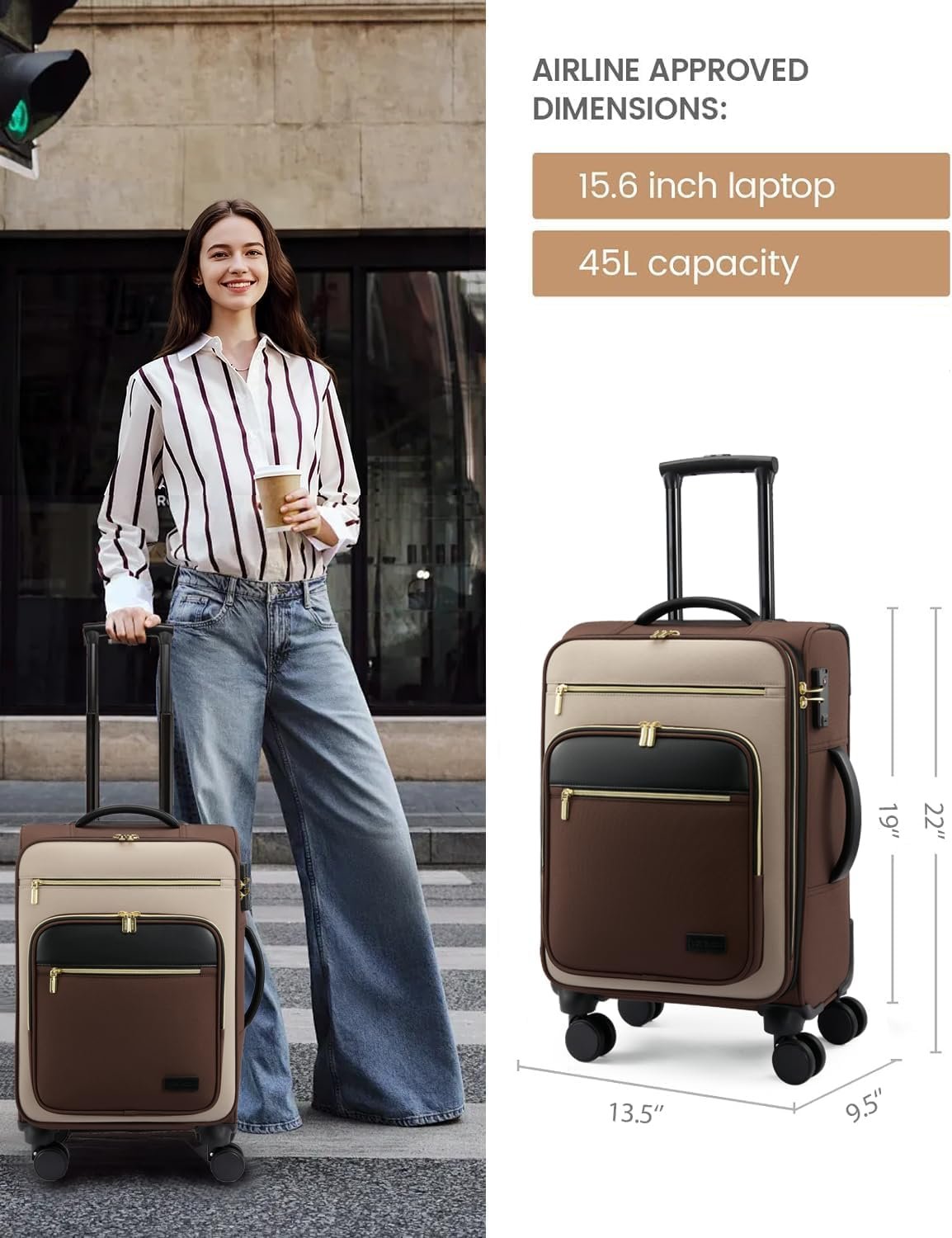 LOVEVOOK Carry on Suitcase 22x14x9 Airline Approved,20 inch Apricot-Coffee | Special Garment Compartment,Lightweight Waterproof, 360° Silent Swivel Wheels, TSA Lock and Compartment, Large Capacity - Image 4
