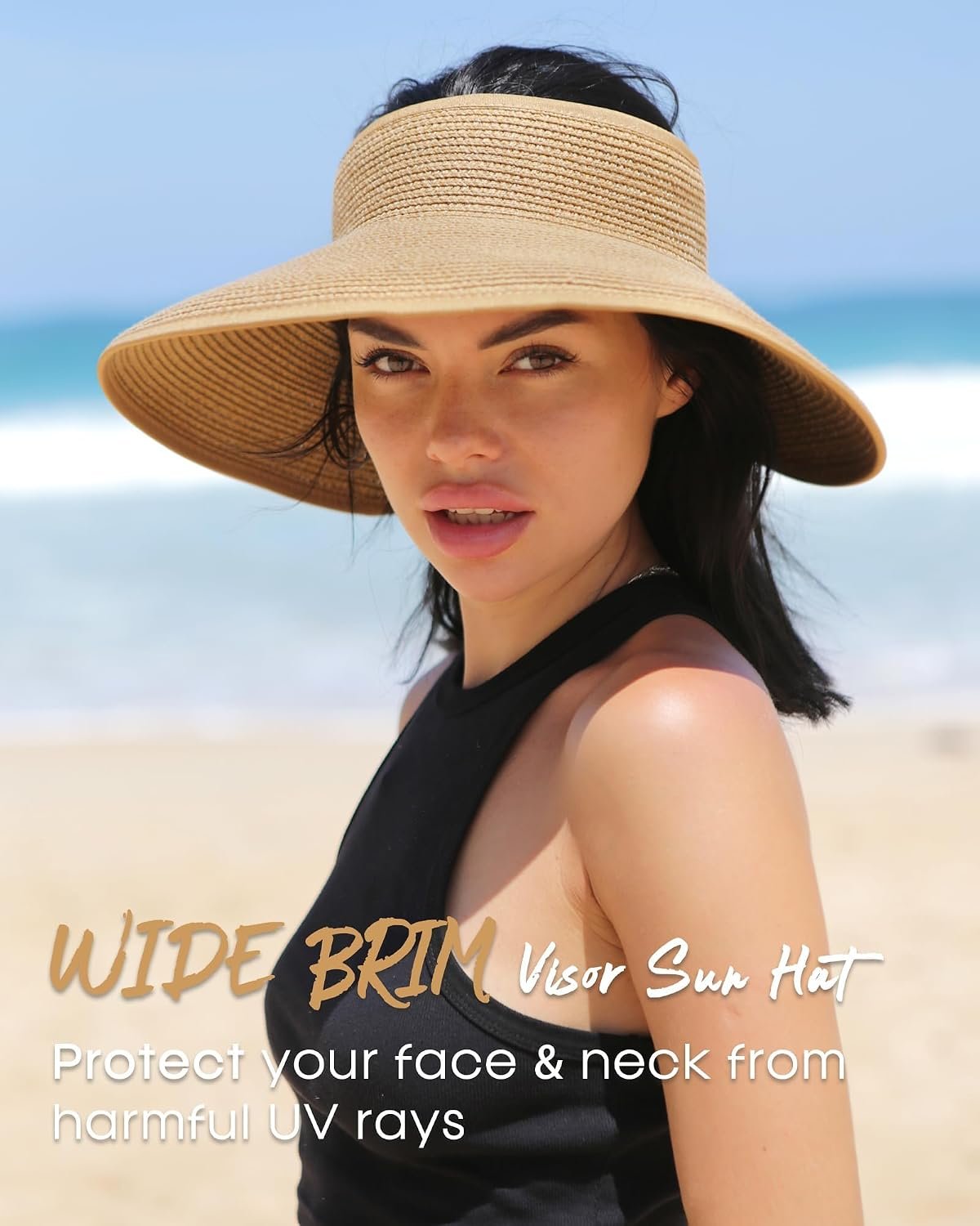 FURTALK Womens Sun Hat with Ponytail Hole Wide Brim Beach Straw Visor | Foldable & Packable for Beach Vacations, Adjustable Fit for Messy Buns, Detachable Windproof Strap, Sweat-Wicking Inner Band - Image 4