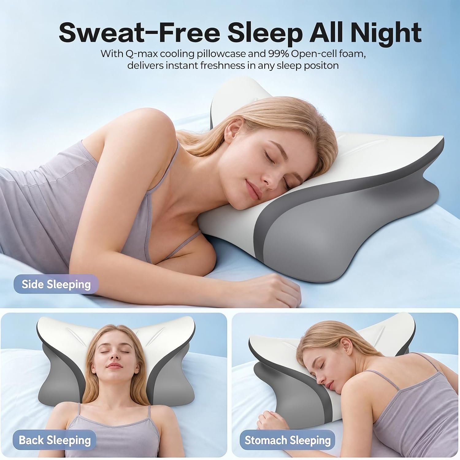 Pain Relief Cervical Neck Pillow, Ergonomic Contour | Q-Max Cooling | Non-Temperature Memory Foam | Side/Back/Stomach Sleeper Support for Sleeping, Reading, Scrolling,(White&Grey) - Image 5