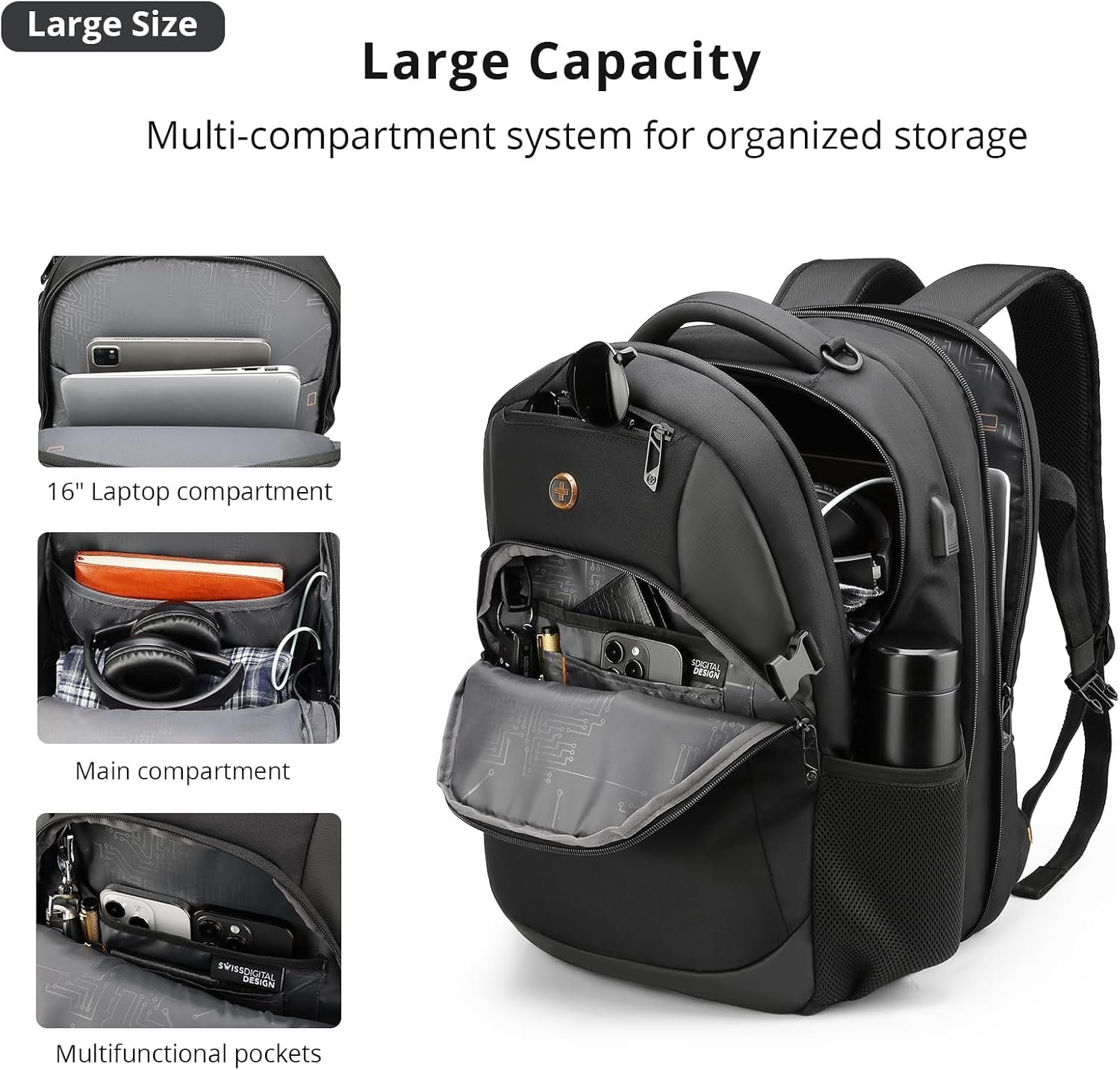Swissdigital Design Backpack for Men & Women Fit 17 Inch Computer SD1671-01 | Travel Laptop Backpack, College Bag, Business Bag, with USB Charging Port, RFID Protetion Pocket, 35l Expandable, Black - Image 7