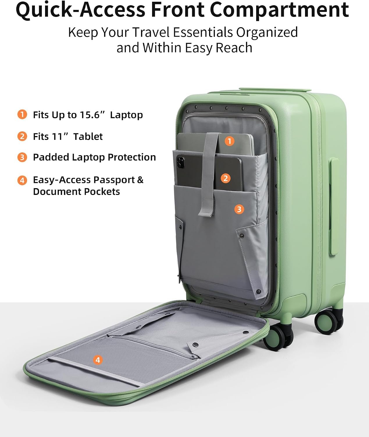 Carry On Luggage 22x14x9 Airline Approved, Expandable Front Pocket with Spinner Wheels, PC Hardside Rolling Luggage with TSA Lock for Travel Women Men, Avocado Green - Image 2