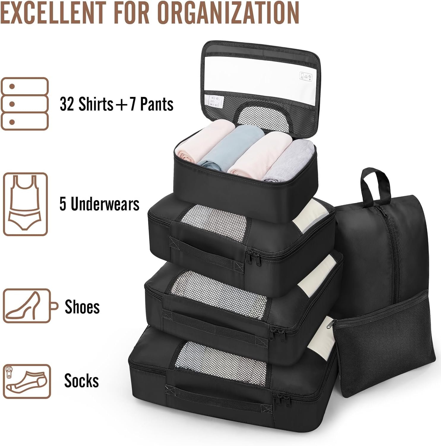 Veken 10 Set/8 Set Packing Cubes for Travel Essentials,Anti-Wrinkle Buckled Suitcase Organizer for Shoe & Toiletry Bag,Carry On Luggage Bag for Airplane & College Dorm Room Accessories,Women Men Gifts - Image 5