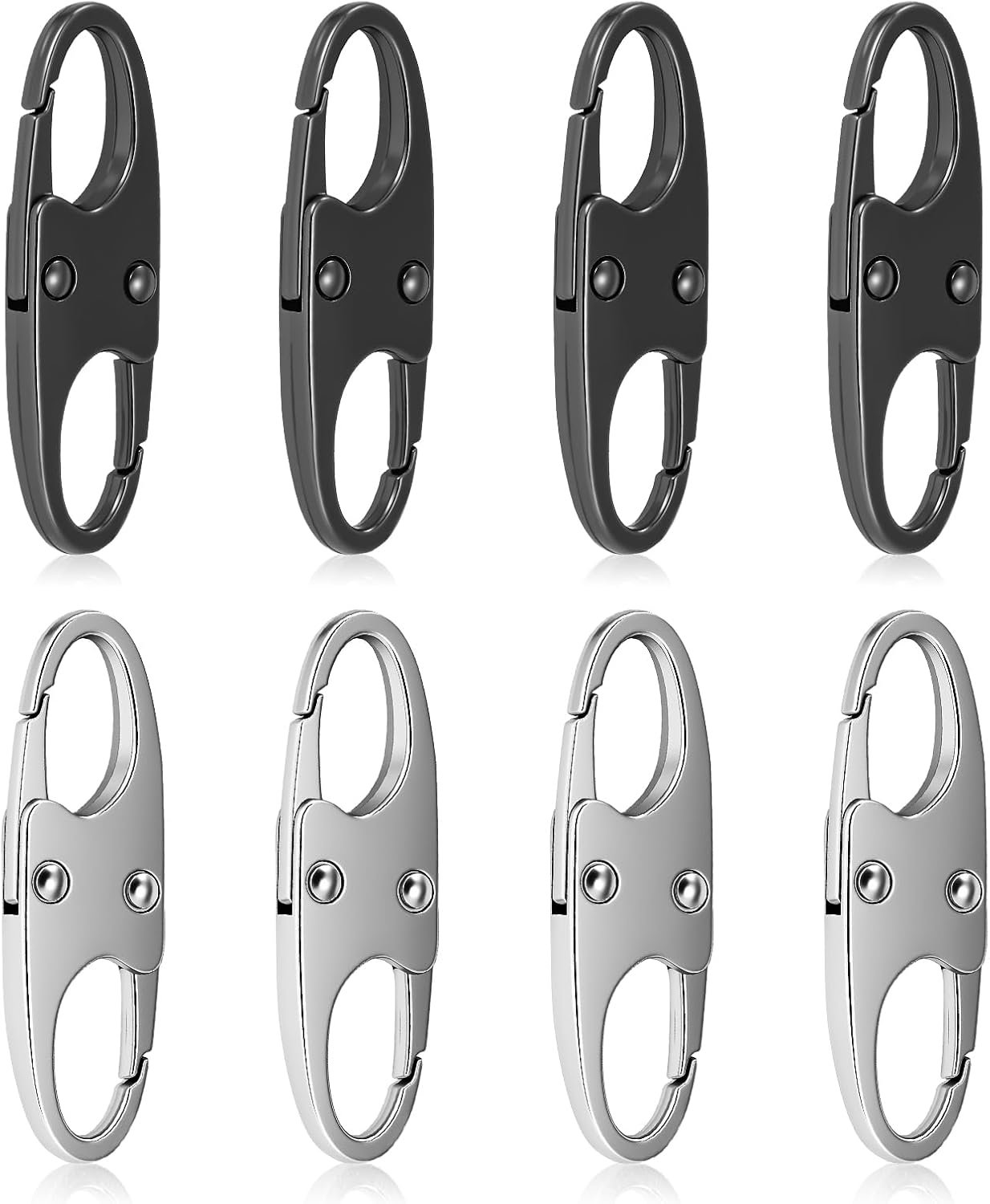 8 Pcs Anti-Theft Small Carabiner Clip, Double Opening Zipper Pull Replacement, Elegant Zinc Alloy Zipper Clips for Backpacks, Luggage, Duffel Bags, Travel Essentials - 4 Silver & 4 Gunmetal
