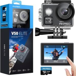 AKASO V50 Elite 4K60fps Action Camera with 128GB MicroSD Memory Card Bundle | 8X Zoom, 131 feet Waterproof Camera, Remote Control, Accessories Kit