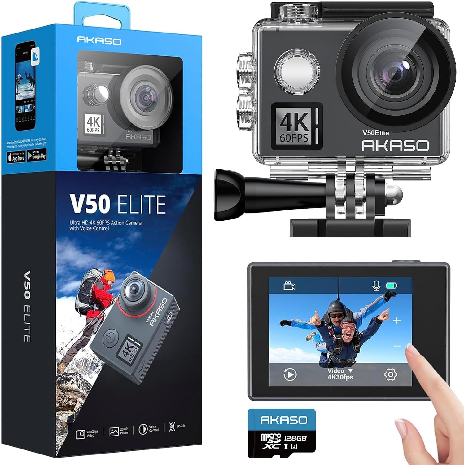 AKASO V50 Elite 4K60fps Action Camera with 128GB MicroSD Memory Card Bundle | 8X Zoom, 131 feet Waterproof Camera, Remote Control, Accessories Kit