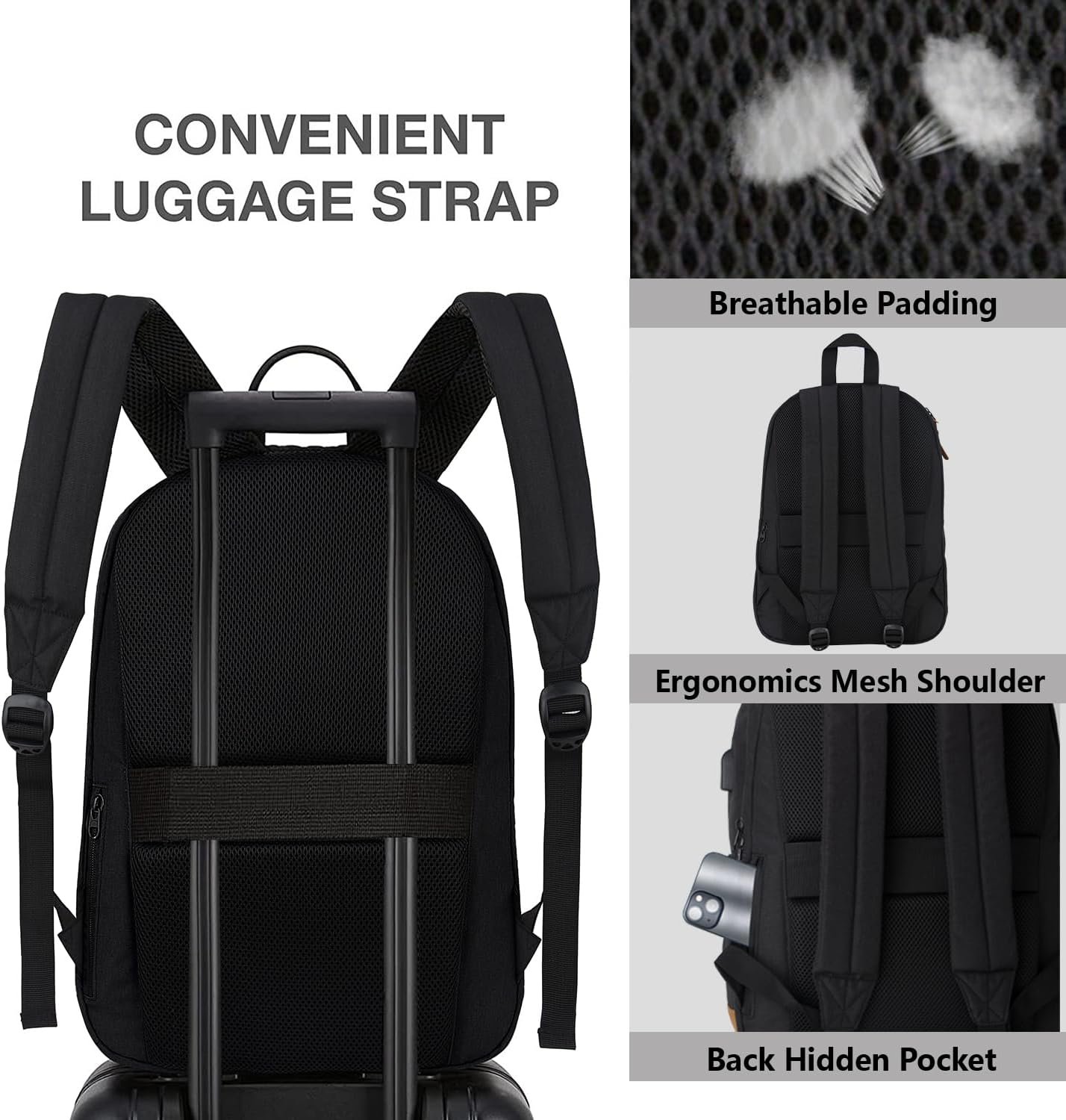 KEOFID Travel backpack for Men and Women, Anti Theft Laptop Backpack with USB Charging Port for Work, Large Bag for College, Carry-on Backpack with Luggage Strap, Water Resistent(Black) - Image 5