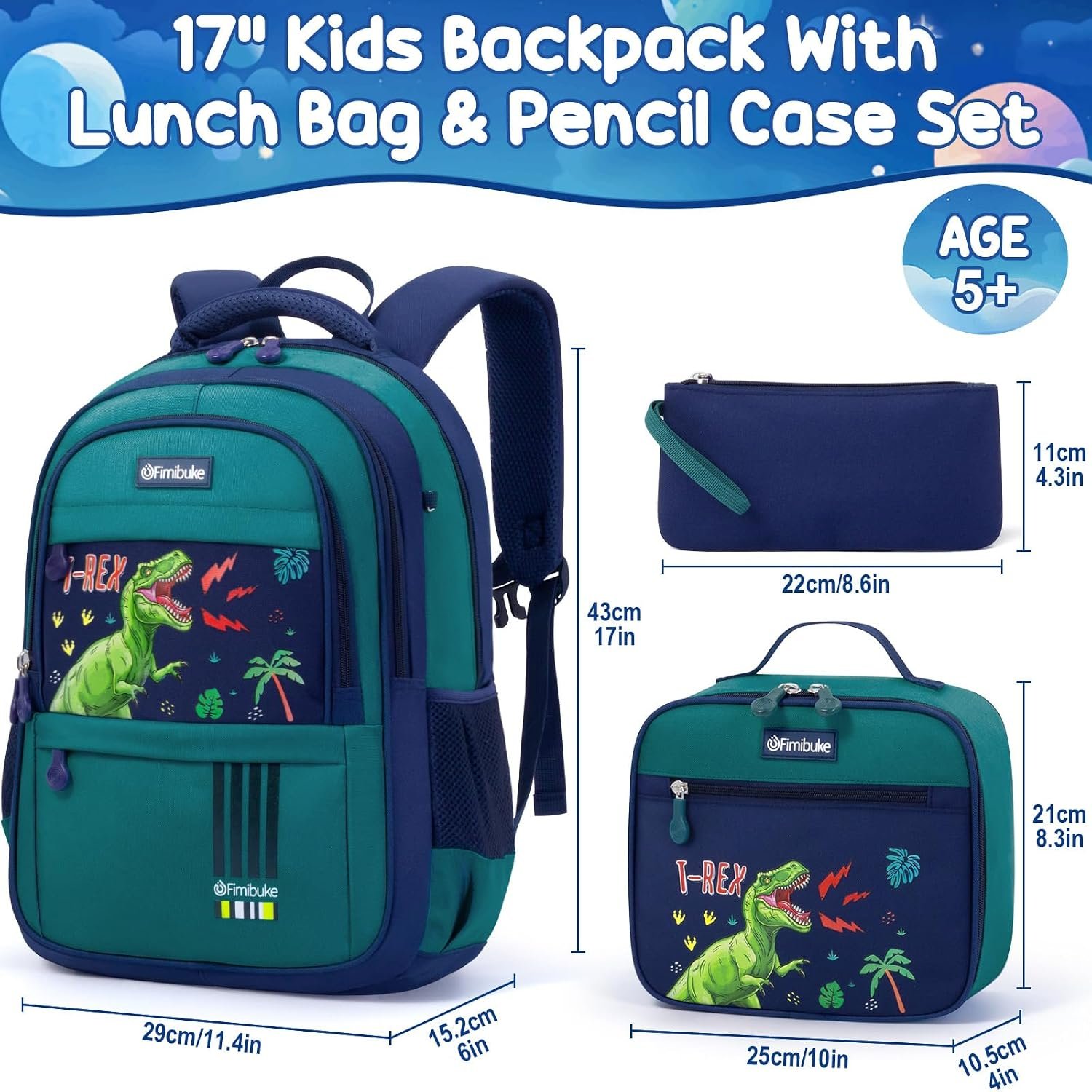 Fimibuke Kids Backpack for Boys, 3 PCS Dinosaur Backpack w/Lunch Box Set | Waterproof Boys Bookbag Lunch Box Combo for Toddler Kids Age 5-12 , Dino School Bag for Kindergarten to Middle Back to School - Image 2