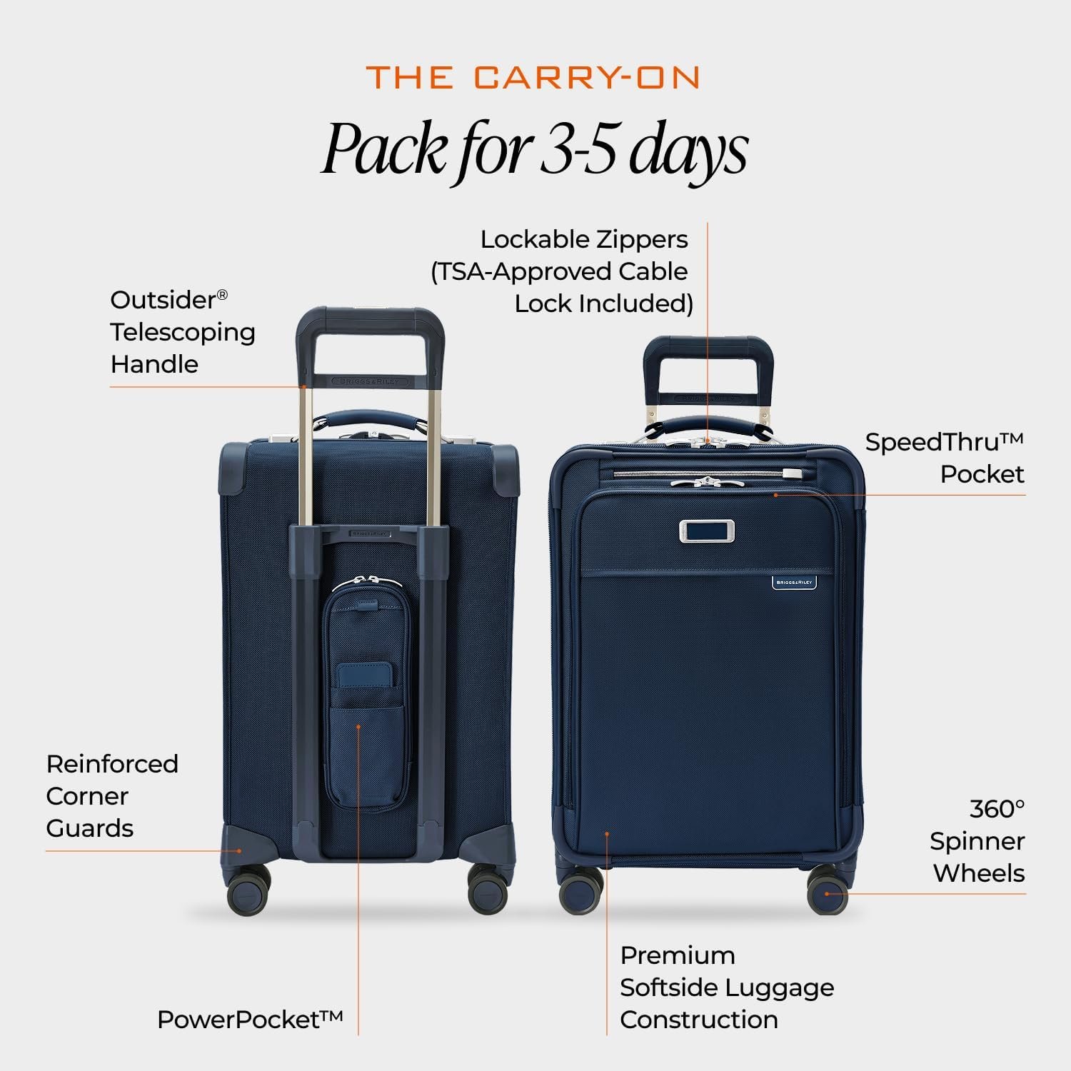Briggs & Riley Essential 22" Carry On Expandable Spinner - Luggage for Travel, Suitcases with Wheels, Softside Rolling Bag for Men & Women, Self-Repairing Zipper - Baseline Collection, Navy - Image 3