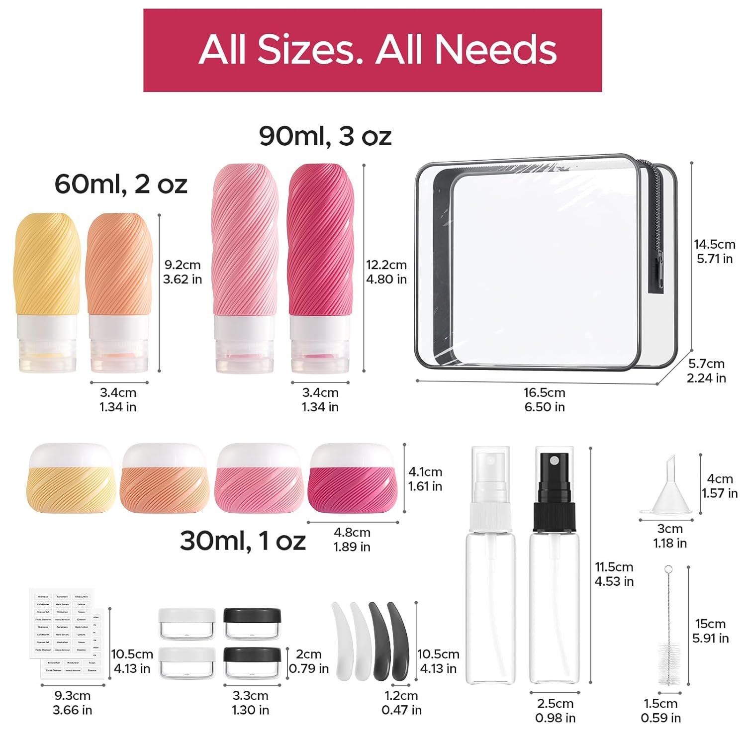 LitBear 23 Pack TSA Approved Travel Bottles for Toiletries, Leak Proof | 3 oz Refillable Travel Size Containers Kit with Silicone Squeezable Bottles Jars for Shampoo Lotion Conditioner, in Clear Bag - Image 9
