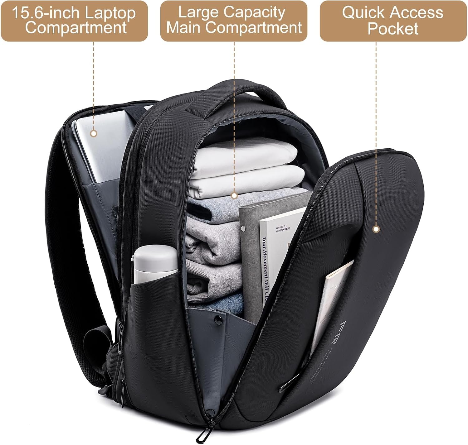 FENRUIEN Expandable Laptop Backpack 15.6 Inch for Men Business Travel | Commute & Office Ready, Water-Resistant, Laptop Compartment, TSA-friendly, USB Charging Port, Black - Image 4