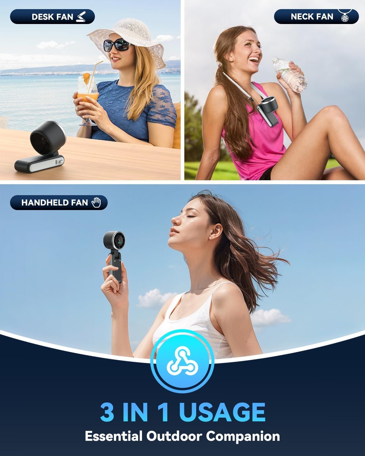 PlayHot Portable Handheld Turbo Fan, Travel Essentials, Gifts for Women/Men | 5-Speed, Up to 12H, 10m/s Airflow, USB-C Rechargeable, LED Display, 3-in-1 Foldable Personal Fan for Cruise, Beach, Vacation - Image 4