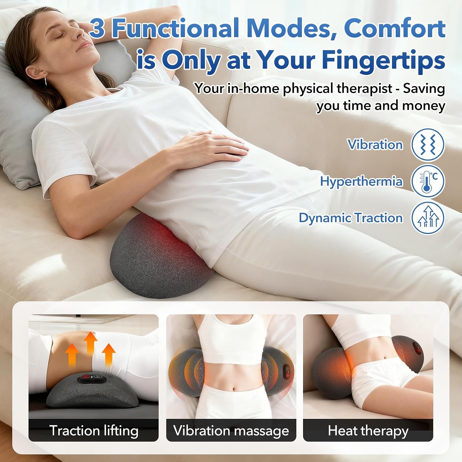 Smooth Spine Triple Fusion Back Massage Pillow with Heat, Sciatica Pain Relief & Spine Decompression for Lower Back Pain, Action Shiatsu Deep Tissue Kneading Massage for Office Chair, Car and Home - Image 4
