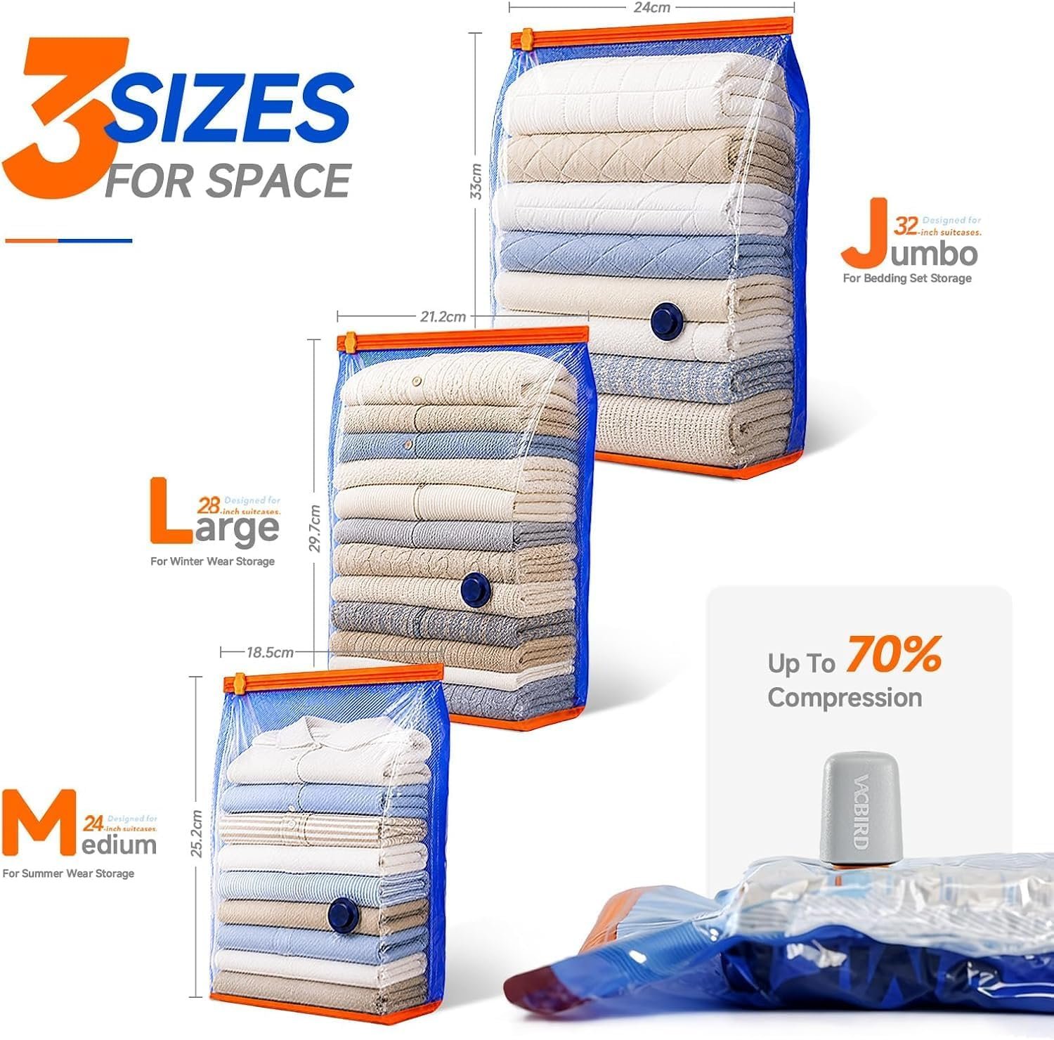 Vacbird Vacuum Storage Bags Jumbo with Pump for Clothes & Bedding,18 Pcak | Cordless Rechargeable Pump Vacuum Bags Large Jumbo,3 Sizes, Space Saving for Organization & Clothing Blankets Home Storage - Image 4