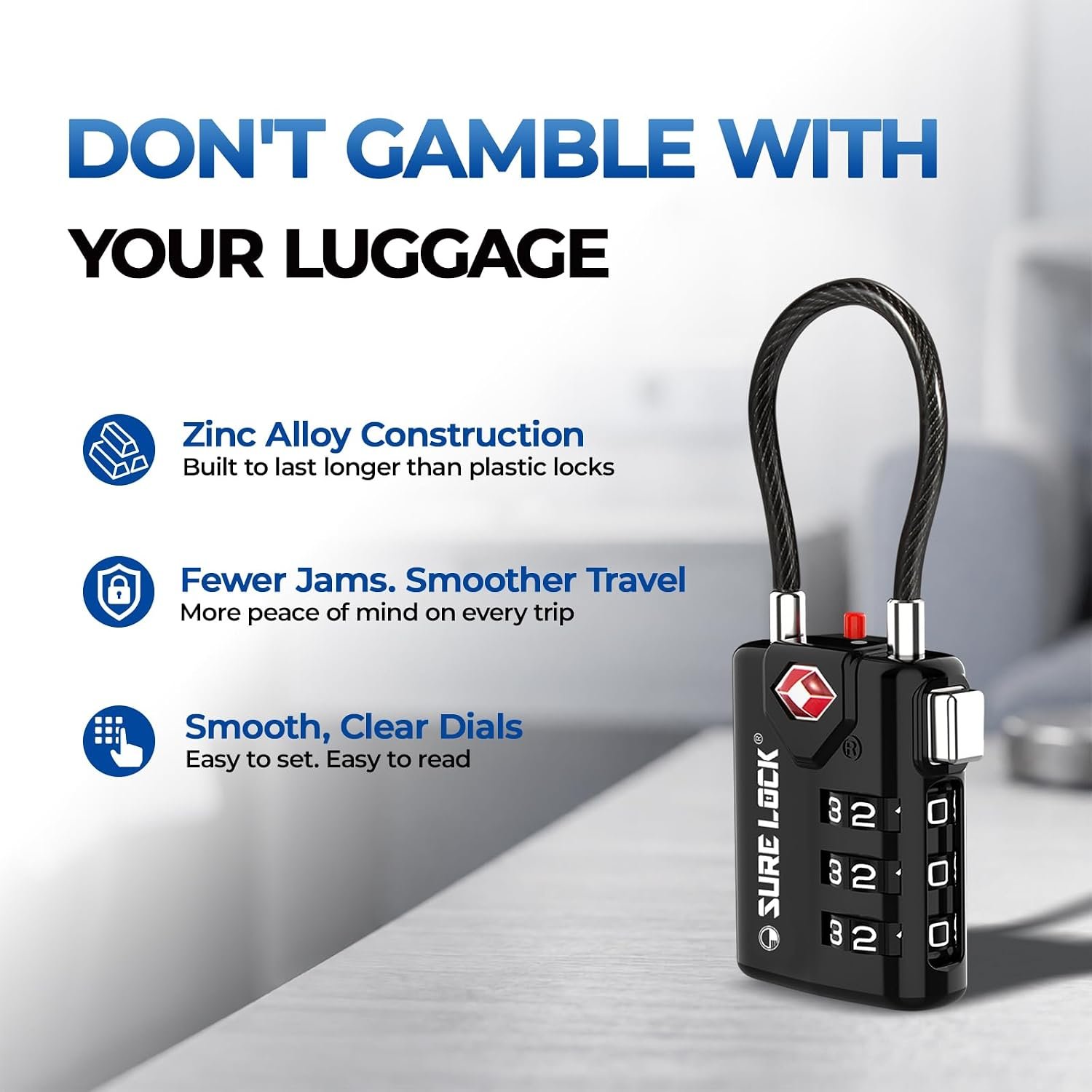 SURE LOCK TSA Approved Luggage Locks with Open Alert Indicator, 3 Digit Combination Cable Travel Lock for Suitcase, Backpack & Travel Bag, 2 Pack Black - Image 5