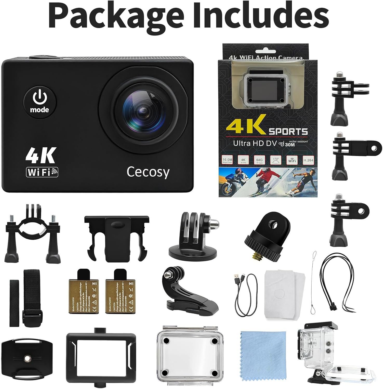 Action Camera 4K 30FPS, Waterproof Camera 30M Underwater Ultra HD 131FT 170°Wide Angle Shooting, with 2 x 1050 mAh Batteries for Cycling, Ice Skating, Skiing, Fishing, Climbing - Image 7