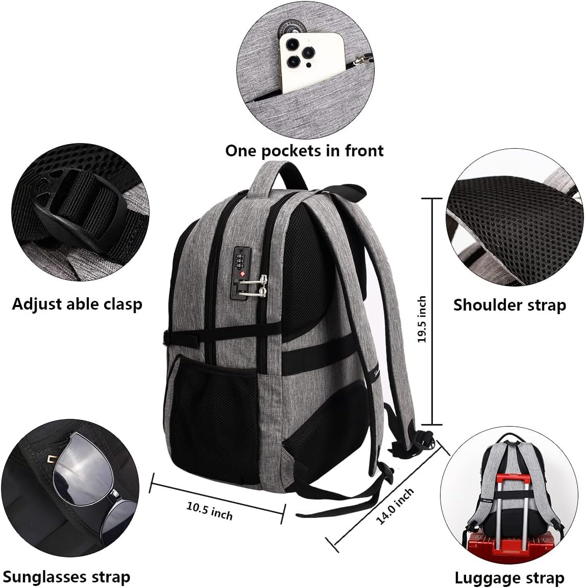 SHRRADOO Travel Laptop Backpack for Men Women, College High Schoolbag | Anti Theft Backpack with Combination Lock, Carry On Flight Approved, Fit 17 Inch Laptop, Bookbag School Backpack,Work Daypack - Image 4
