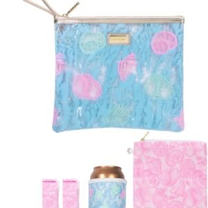Lilly Pulitzer Water Resistant Vinyl Beach Day Pouch, Zipper Bag Includes Drink Hugger, Small Pouch, and Towel Clips