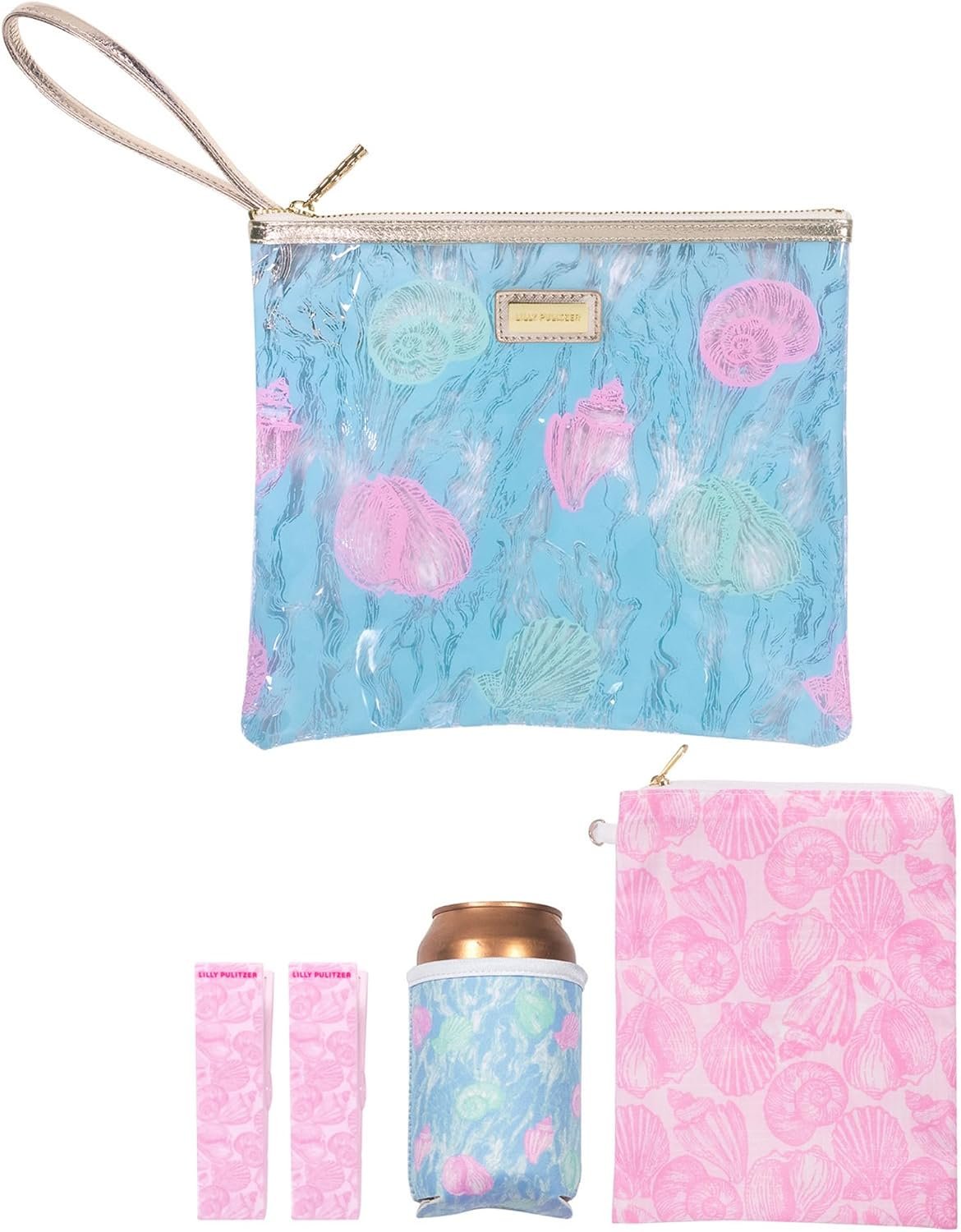 Lilly Pulitzer Water Resistant Vinyl Beach Day Pouch, Zipper Bag Includes Drink Hugger, Small Pouch, and Towel Clips