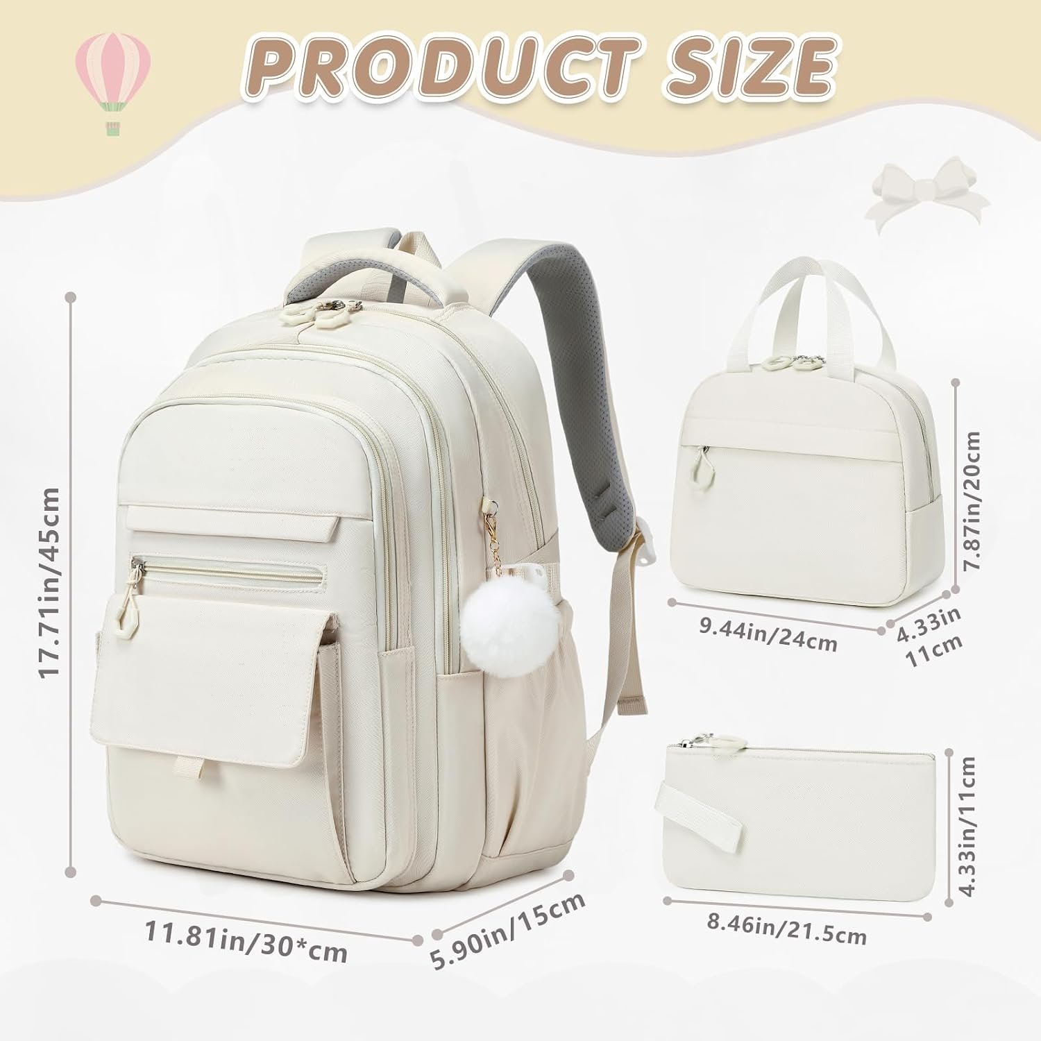GeeWin Backpacks for Girls, Girls Backpack with Lunch Box & Pencil Case Set | 17 Inch Waterproof Girl Bookbag with Lots of Pockets for Kids, Teens, Elementary Middle High College School Student(Beige) - Image 2