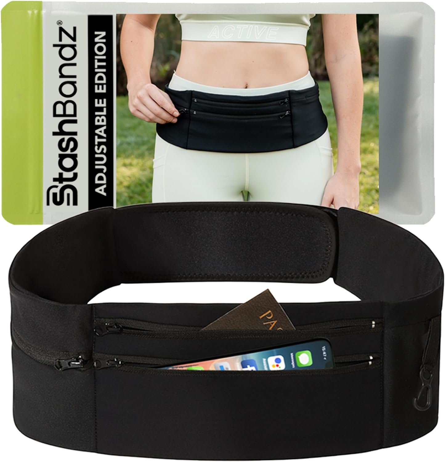 Running Belt Money Belt, 3 Large Zippered Pockets | Fanny Pack - Adjustable No-Bounce, 1 Waterproof Pocket, Water Bottle Holder, Key Clip, Fits Phone, Passport & More