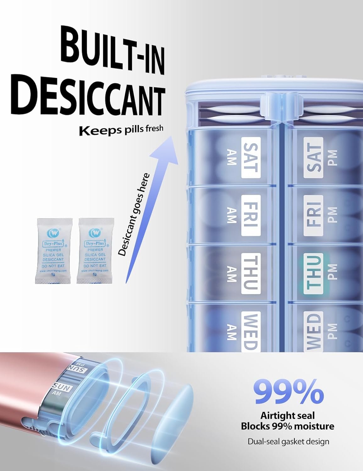 Vaydeer Metal 7 Day Travel Pill Organizer 2 Times a Day, Built-in Desiccant | AM PM weekly Travel Pill Case, Twice-Daily,Airtight Large Capacity Pill Box for Vitamins, Medication, Supplements & Fish Oil - Image 3