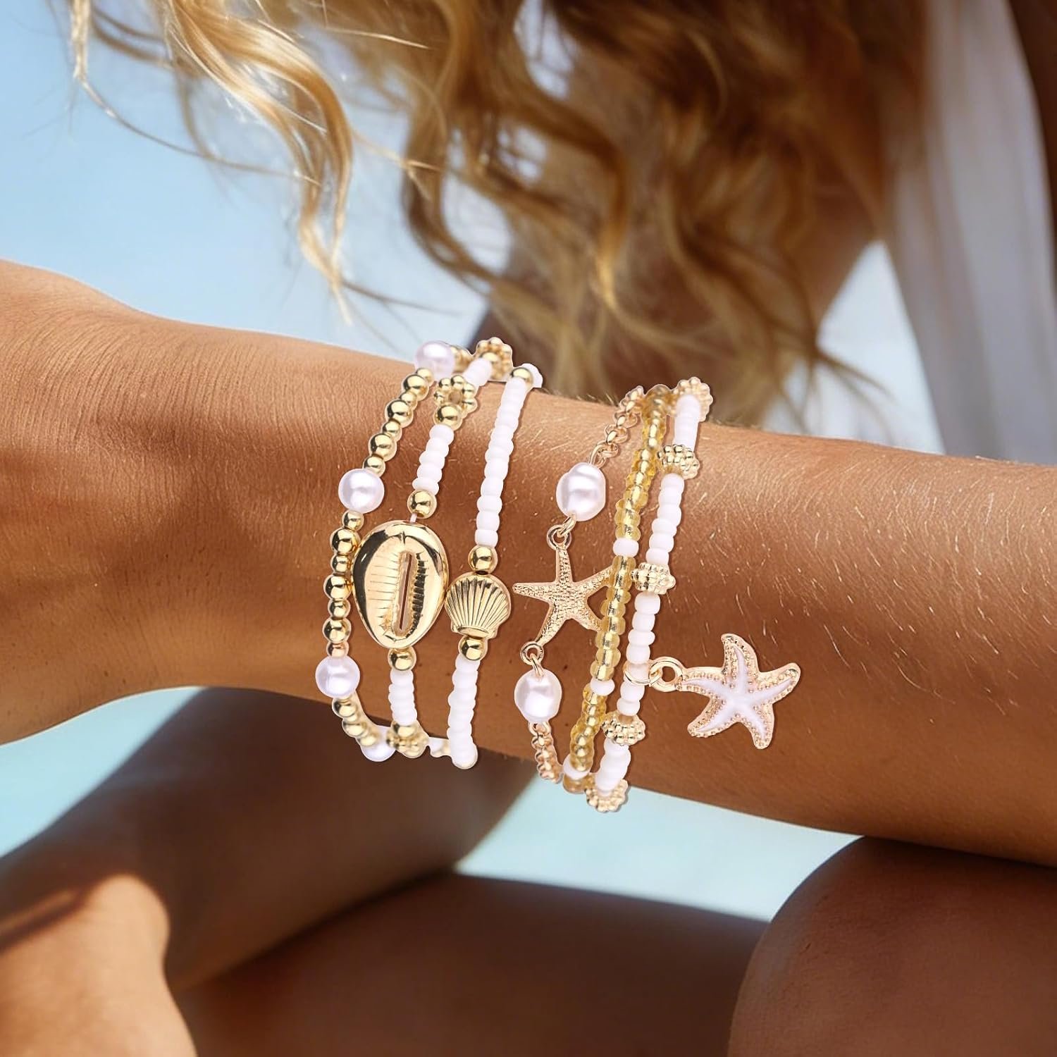 Mikovivi 7pcs Summer Beach Bracelets for Women, Stackable Shell Seashell Starfish Beaded Surfer Bracelets Set Boho Seaside Holiday Vacation Party Friendship Jewelry Gift - Image 4