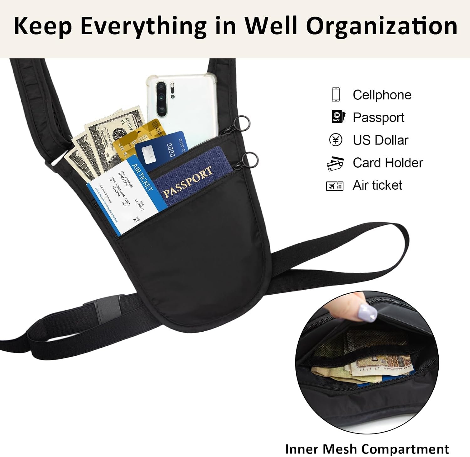 Money Belt for Travel Anti-Theft Crossbody Passport Holder for Women Men Hidden Slim Neck Wallet Under Clothes (Black) - Image 3