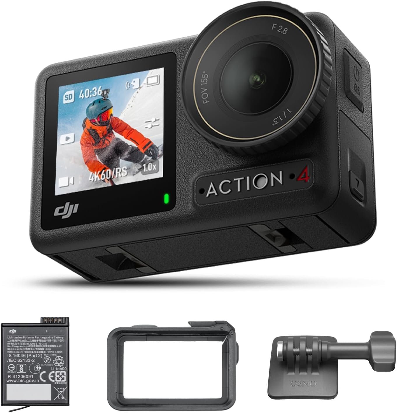 DJI Osmo Action 4 Standard Combo, 4K/120fps Waterproof Action Camera with a 1/1.3-Inch Sensor, Stunning Low-Light Imaging,10-bit & D-Log M Color Performance, Long-Lasting 160 Mins (Renewed)