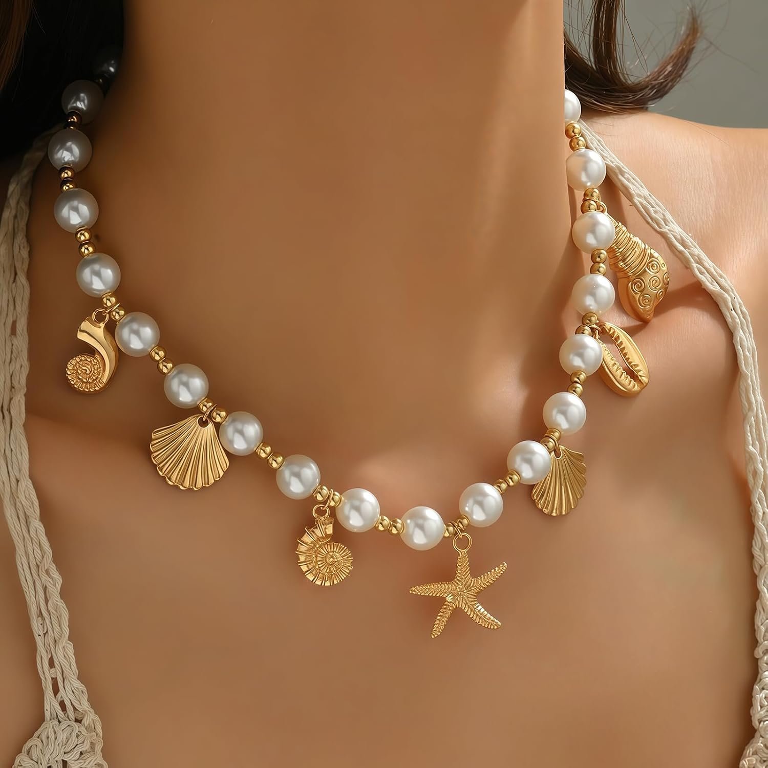 Nackiy Shell Starfish Necklace for Women, Boho Beach Vacation Jewelry | Gold Plated Layered Charm Necklace, Boho Bead Strands, Adjustable Fit, Pearl Shell Starfish Charms, Summer Jewelry Gift - Image 4