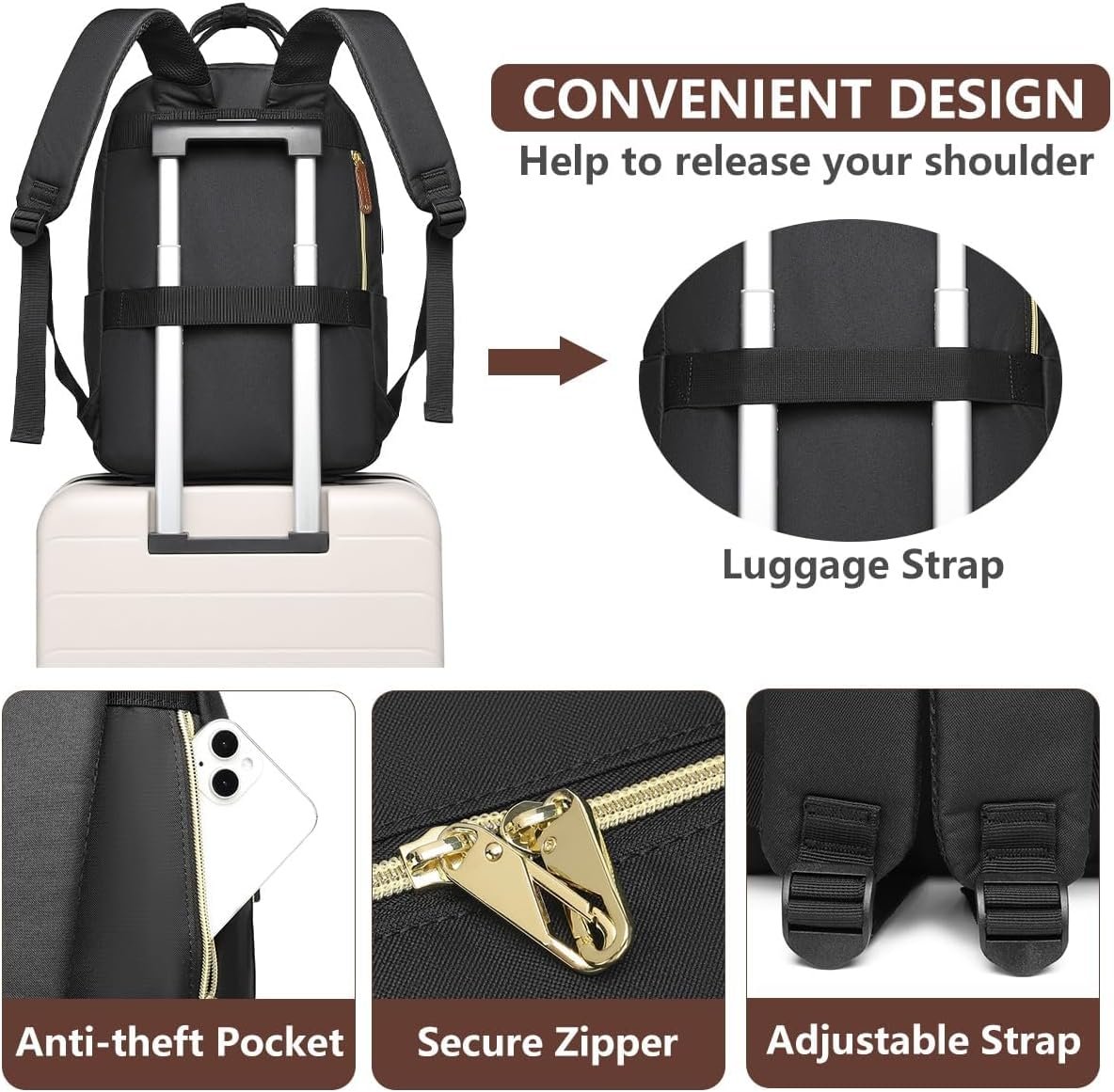 Laptop Backpack for Women Bag - 15.6 inch Work Travel Backpack with USB Charger College Bookbag Waterproof Business Computer Backpack Anti-theft Casual Backpacks for Nurse Teacher Beige Black Brown - Image 5