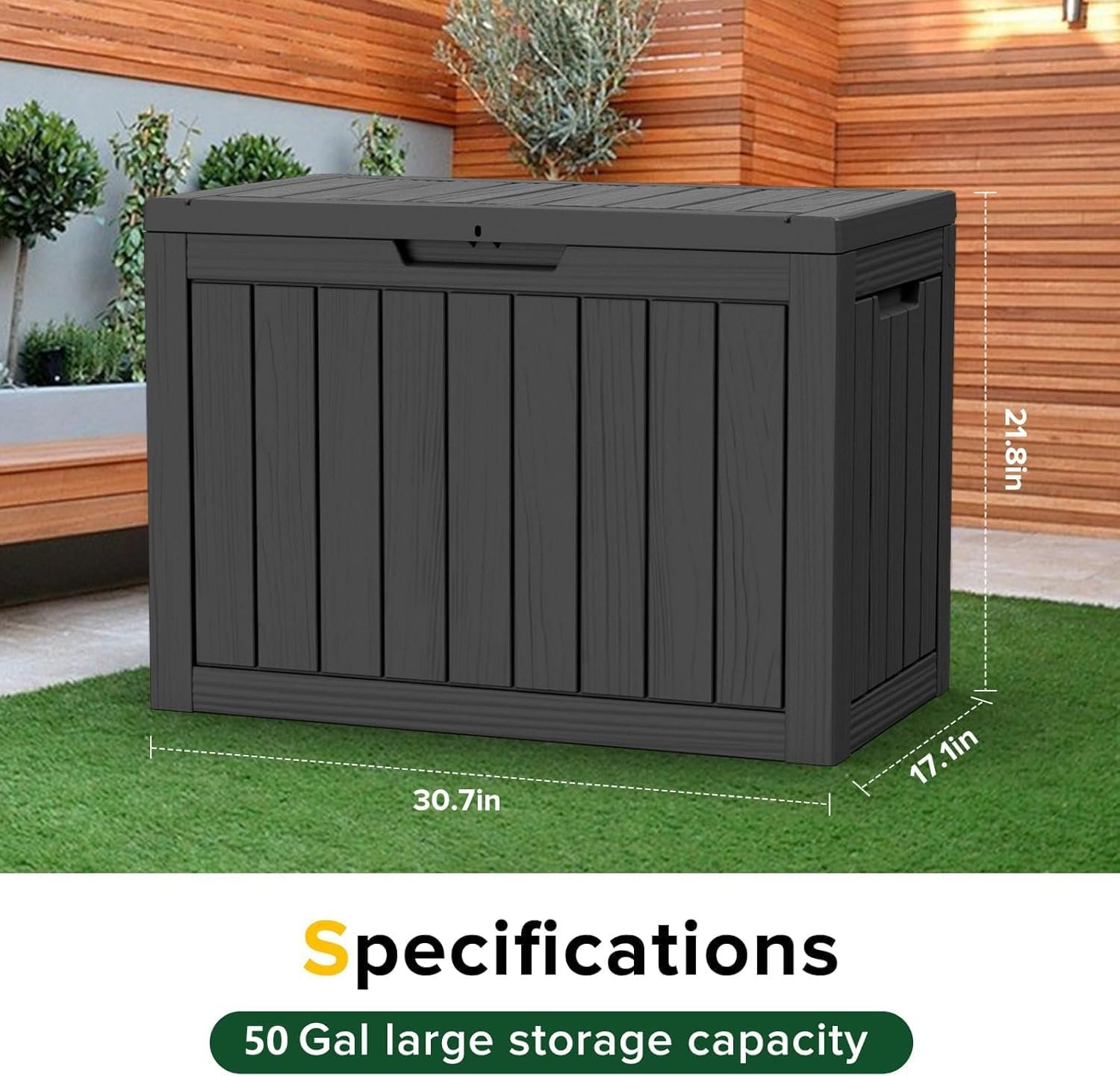 50 Gallon Outdoor Storage Box Waterproof Lockable Deck Boxes | UV Resistant Resin, for Garden Tools Cushions Patio Equipment, 300 lbs Capacity, Portable Design, Easy 16-Min Assembly - Image 2