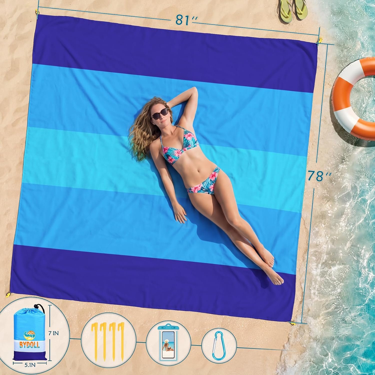 BYDOLL Beach Blanket Waterproof Sandproof Large Sand Free,78''X81''/10'X9' Oversized Sandless Lightweight Blanket Picnic Mat for Beach Travel Camping Hiking with Stakes - Image 2