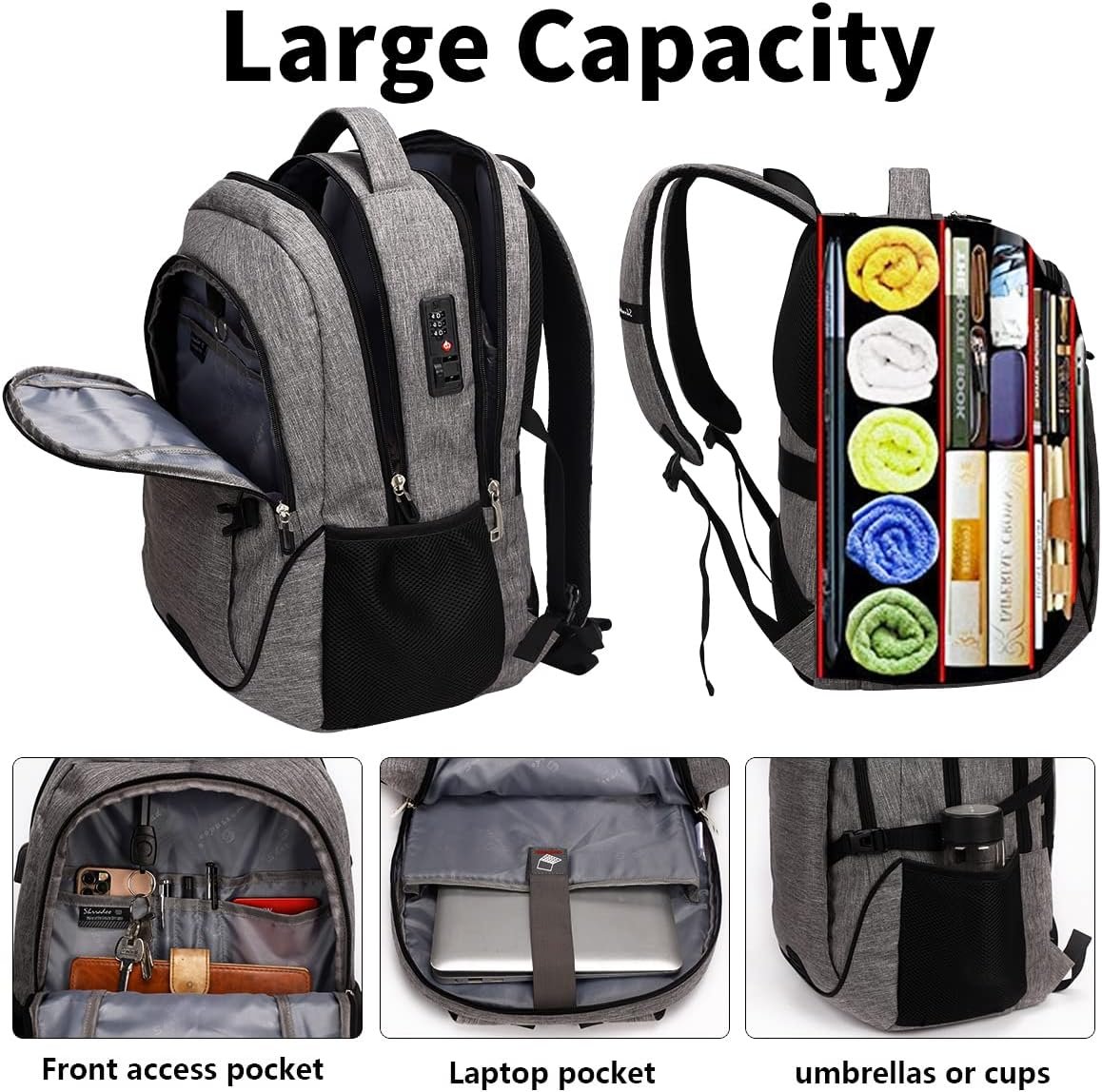 SHRRADOO Travel Laptop Backpack for Men Women, College High Schoolbag | Anti Theft Backpack with Combination Lock, Carry On Flight Approved, Fit 17 Inch Laptop, Bookbag School Backpack,Work Daypack - Image 3