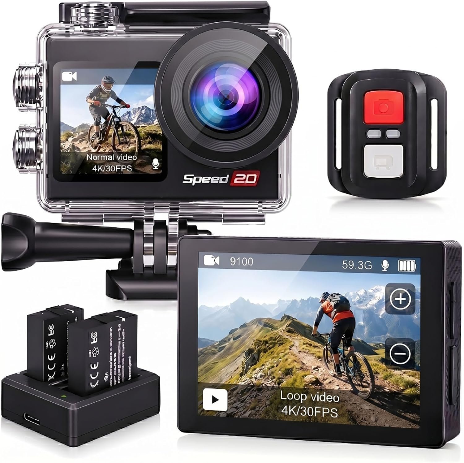 4K Action Camera 20MP Touch Screen WiFi EIS 131FT Waterproof | Dual touch screens, 170° wide-angle, 5X zoom, remote control. For snorkeling, biking, helmet. 2 rechargeable batteries.