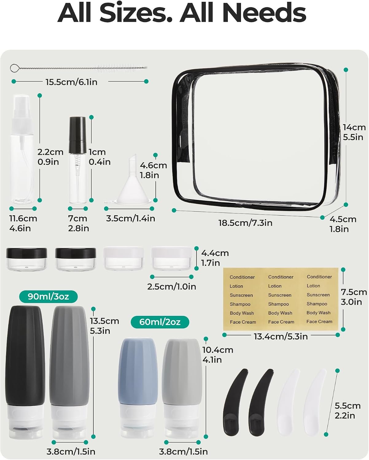 BAGSMART 18 Pack TSA Approved Travel Bottles for Toiletries, Leak Proof Silicone Travel Size Containers Bottles for Shampoo, Grey - Image 6