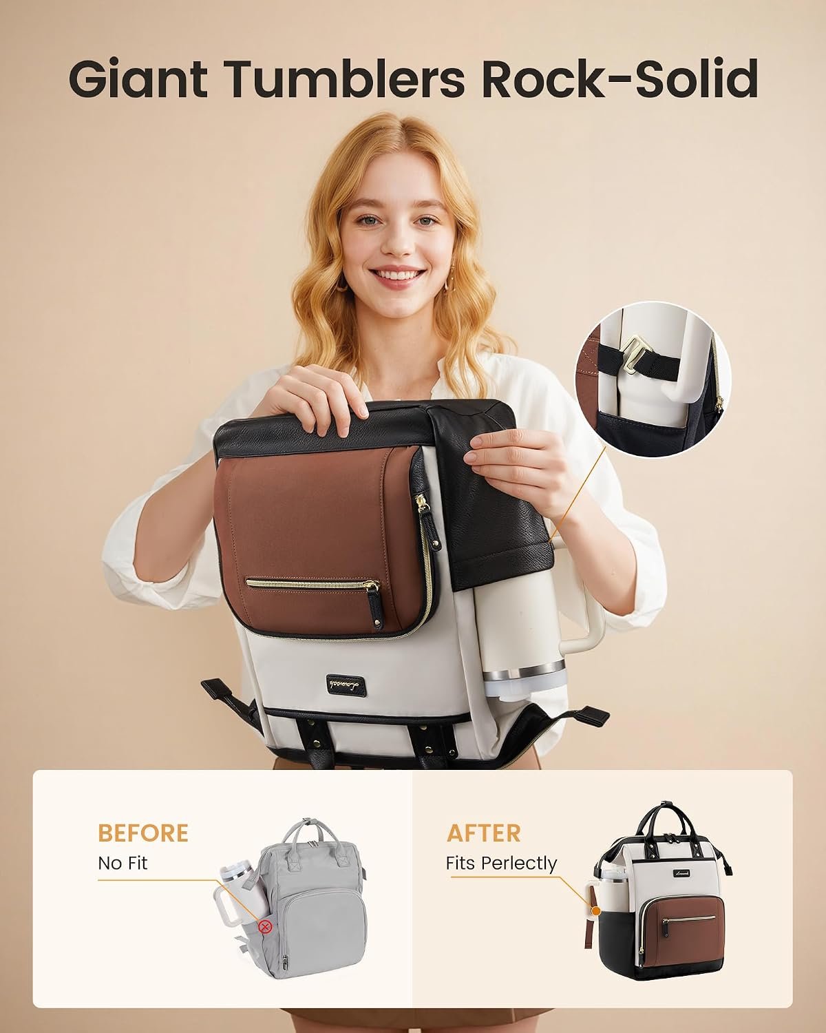LOVEVOOK Laptop Backpack for Women with Giant Tumbler Holder,18 inch Professional Nurse Teacher Backpack Computer Laptop Bag,Cute Waterproof Travel Backpack Purse Work College Bag, Beige-Black-Brown - Image 3
