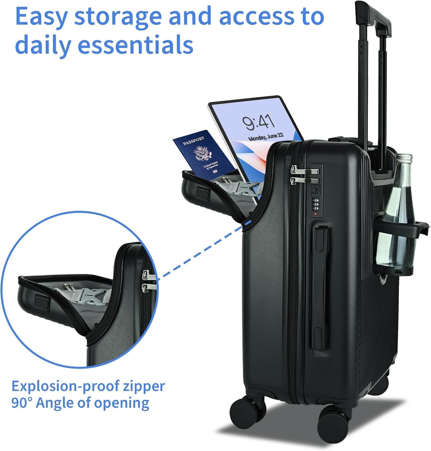 Carry on Luggage Airline Approved, Carry-on Luggage for The Business Trip with Front Pocket, 20 inch Hardshell PC Carry on Suitcases with Wheels, Combination Lock, Cup Holder and USB Port - Image 4