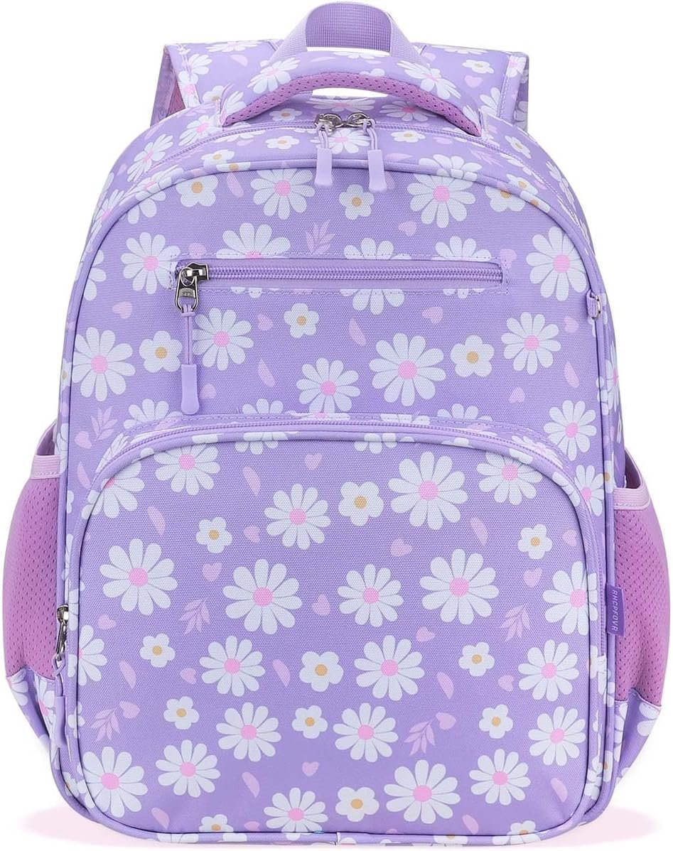 RHCPFOVR Kids Backpack for Girls - Girls Backpack 3-8 Ages Flower for Kids 15 Inch School Bookbag for Kindergarten Elementary School Bookbag for Girl 1st 2nd Grade