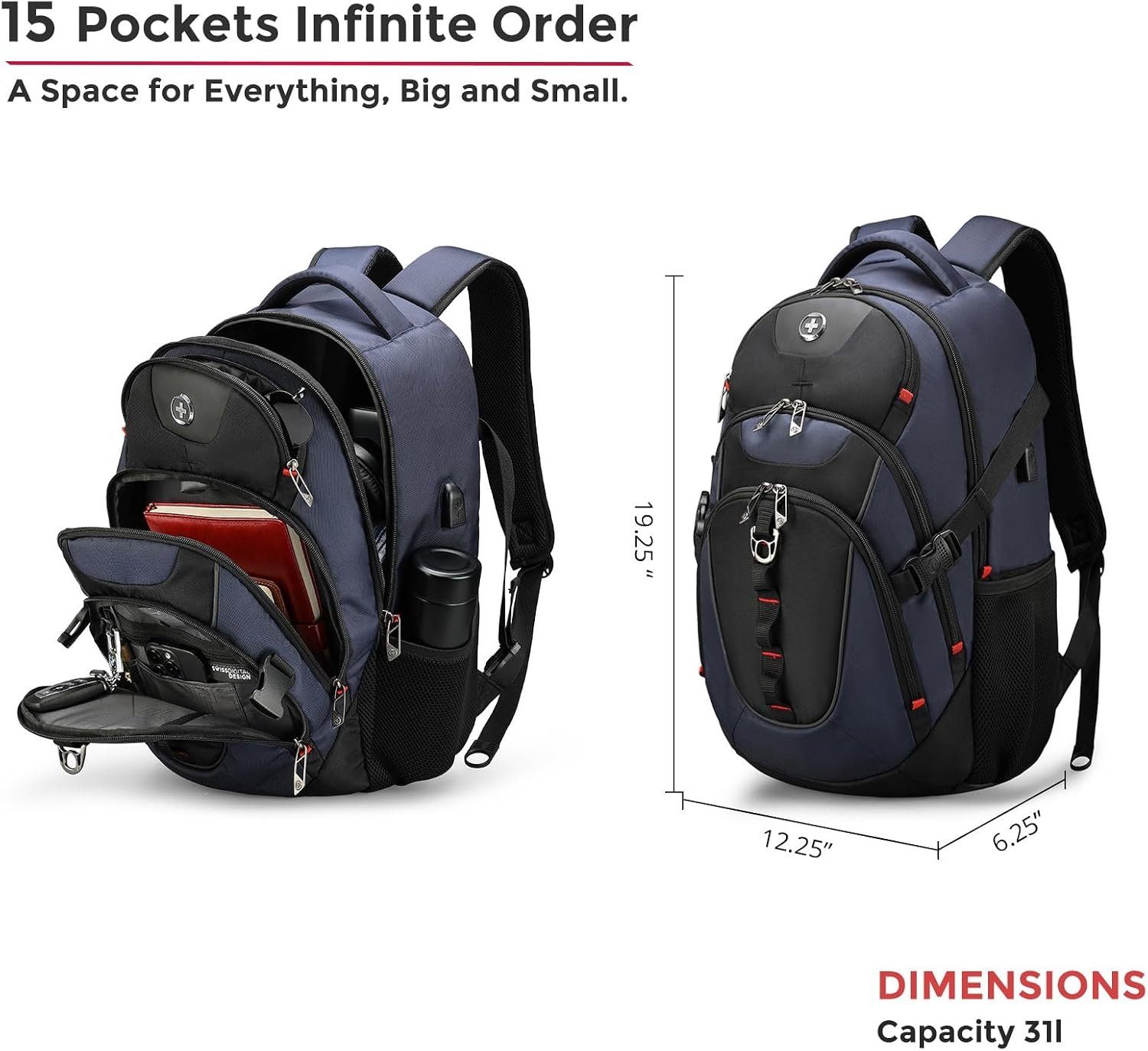 Swissdigital Design Laptop Backpack with USB Charging Port, Travel Backpack Fits 15.6 inches Computer, 31l College School Backpack for Men, Blue/Black | SD803-12 - Image 3