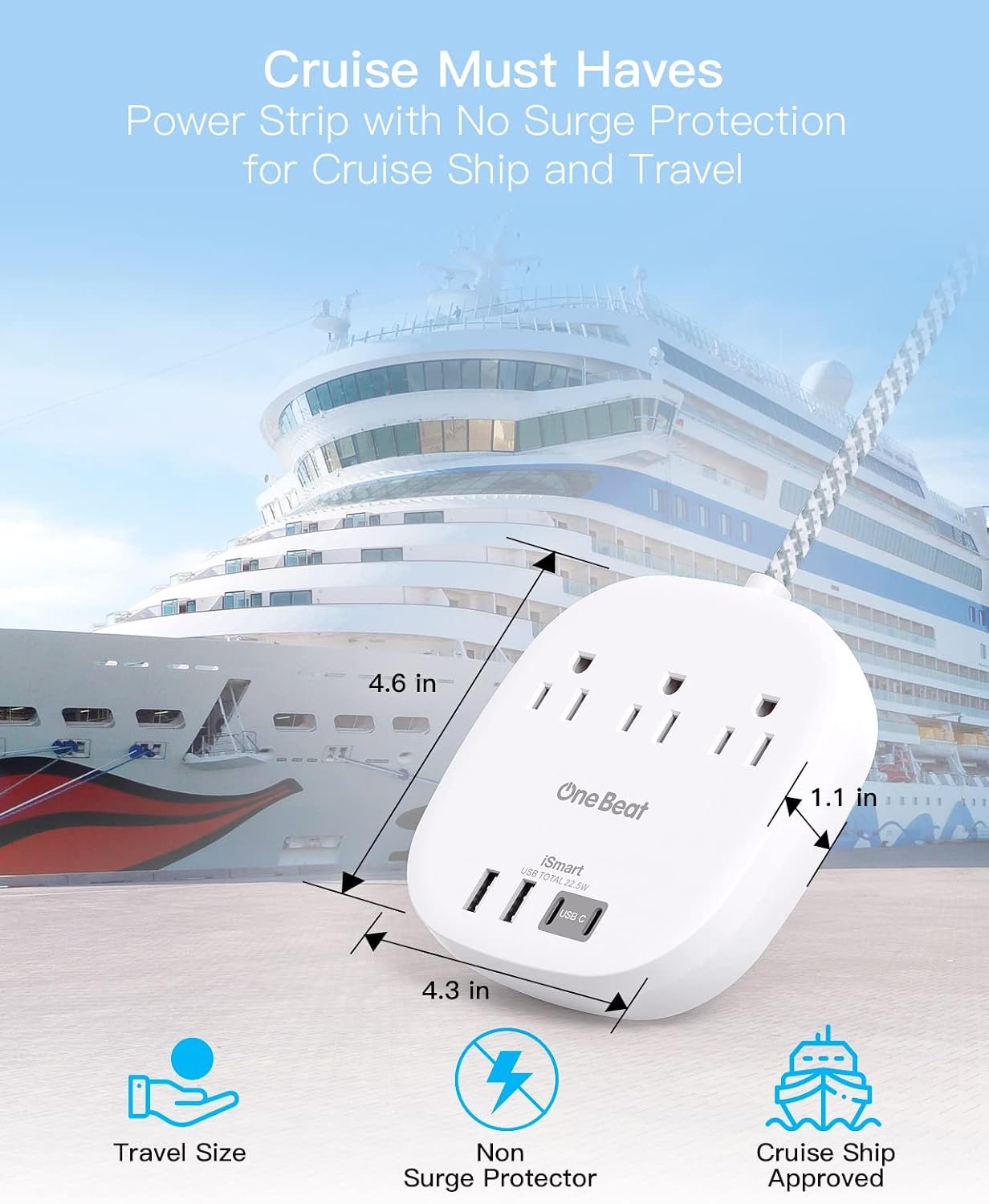 Travel Essentials, 22.5W/4.5A Flat Plug Power Strip, 6 Ft Extension Cord | 3 Outlets 4 USB Ports(2 USB C) Desktop Charging Station, Power Strip No Surge Protection for Cruise Ship, Dorm Room - Image 3