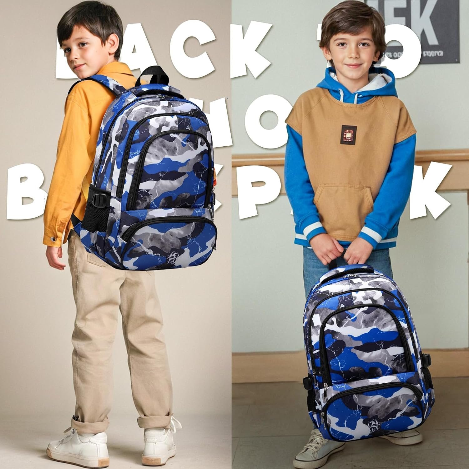 Kids Backpack for Boys Elementary Book Bags Primary Middle School Bookbags for Childs Water Resistant Back to School Gifts Son Mochila Escolares para Niños Aged 8-10 17 Inch Camo Blue - Image 4