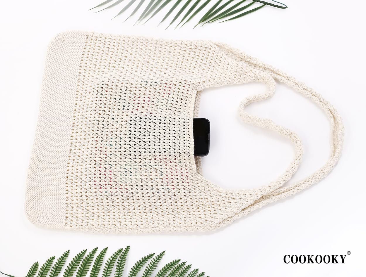 COOKOOKY Crochet Beach Tote bag Summer Beach Bag for Women Aesthetic Mesh Tote Bag Hippie Bag Knit Bag - Image 5