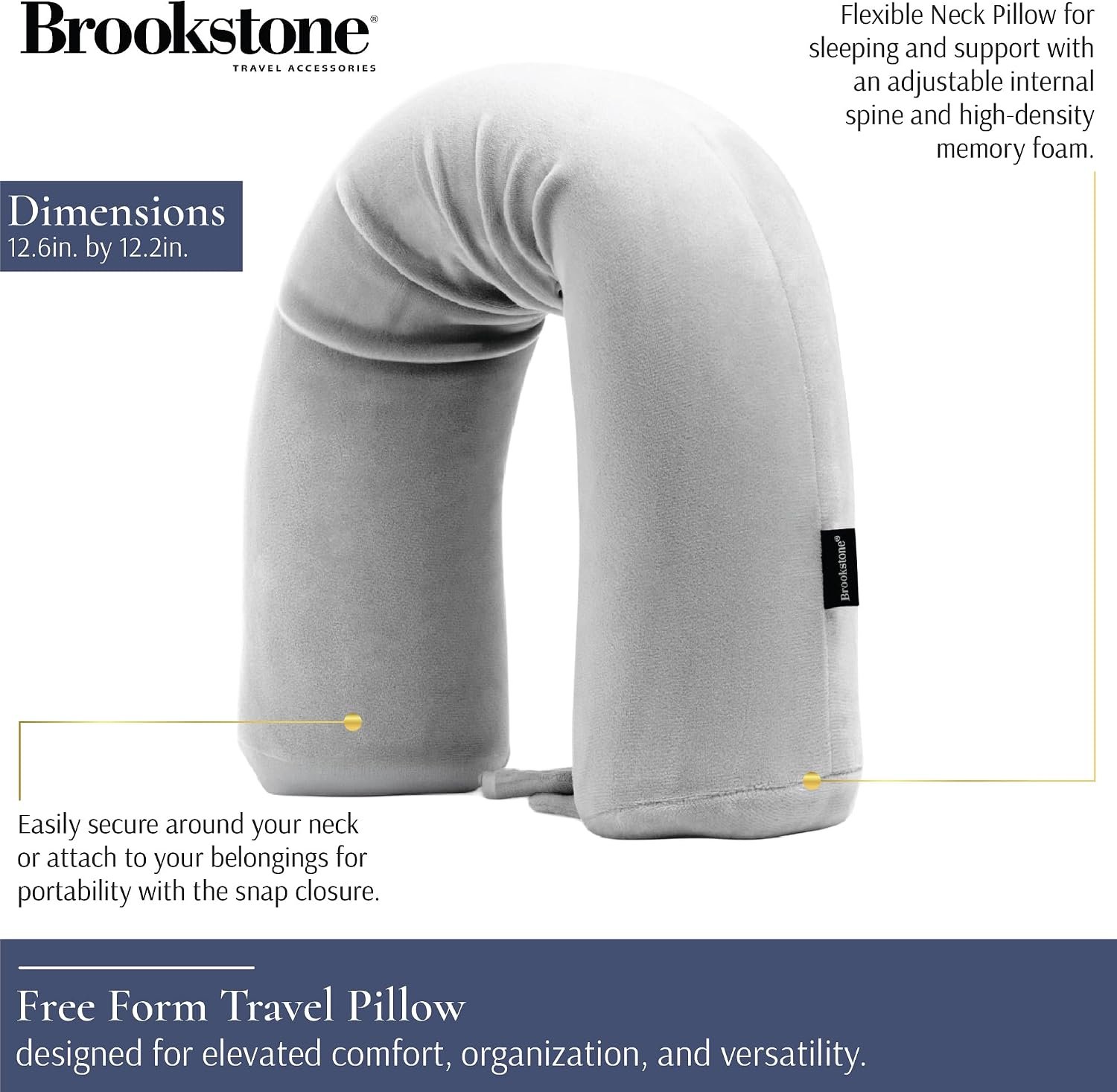 Brookstone Free Form Travel Pillow - Lightweight Flexible Memory Foam Travel Neck Pillow for Sleeping, Car, Airplane & Travel Support, Grey | Adjustable Internal Spine Shapes Into a U, Roll or Curve for Neck, Back or Side-Sleeper Support, Foldable for Any Trip - Image 2