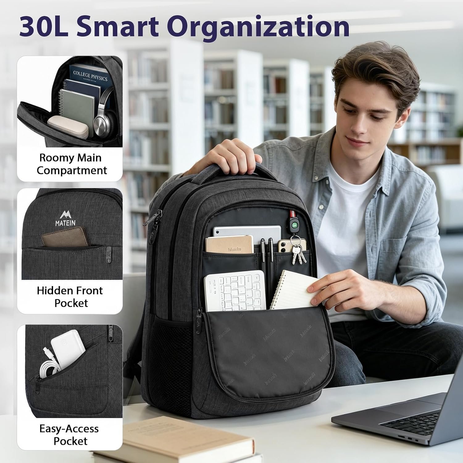 MATEIN Large Work Laptop Backpack, College School Computer Bookbag 17 Inch | TSA Laptop Compartment, Water Resistant Business Travel Backpack, Anti Theft Pocket, Graduation Gifts for Men Women, Black - Image 6