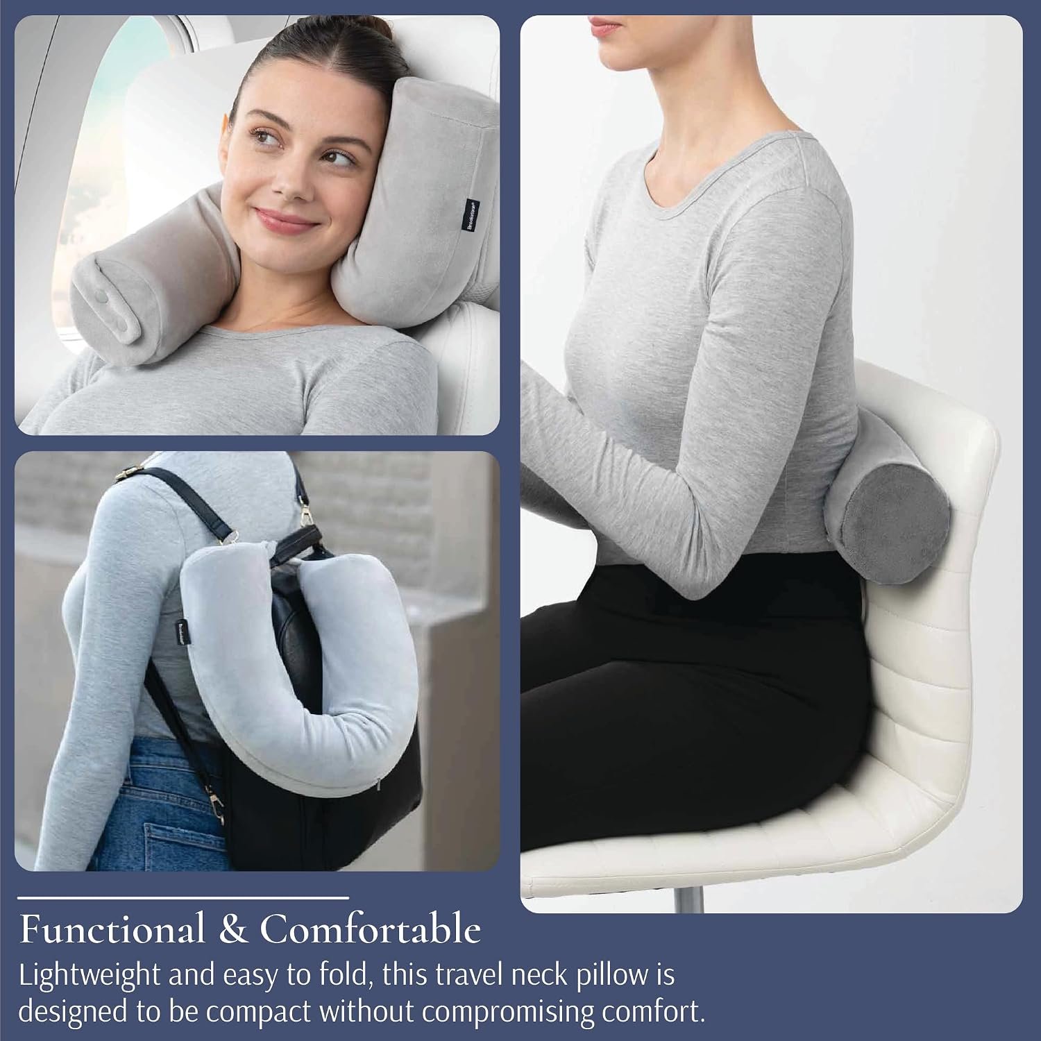 Brookstone Free Form Travel Pillow - Lightweight Flexible Memory Foam Travel Neck Pillow for Sleeping, Car, Airplane & Travel Support, Grey | Adjustable Internal Spine Shapes Into a U, Roll or Curve for Neck, Back or Side-Sleeper Support, Foldable for Any Trip - Image 4